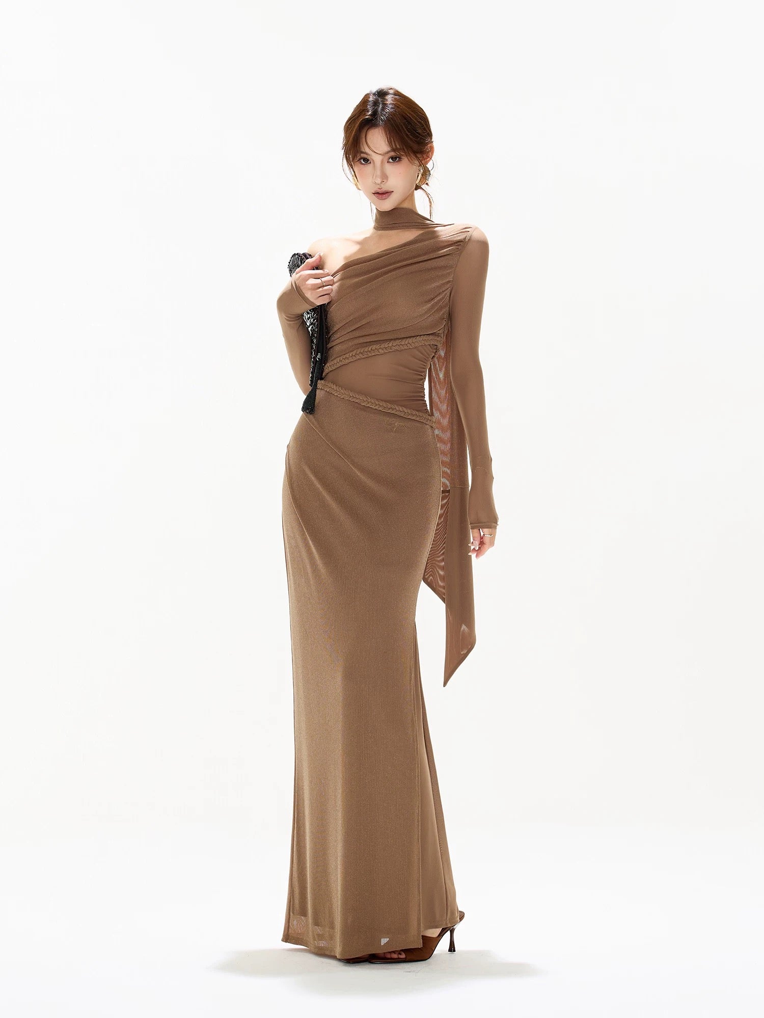 CYNR Mesh hollow splicing off shoulder dress