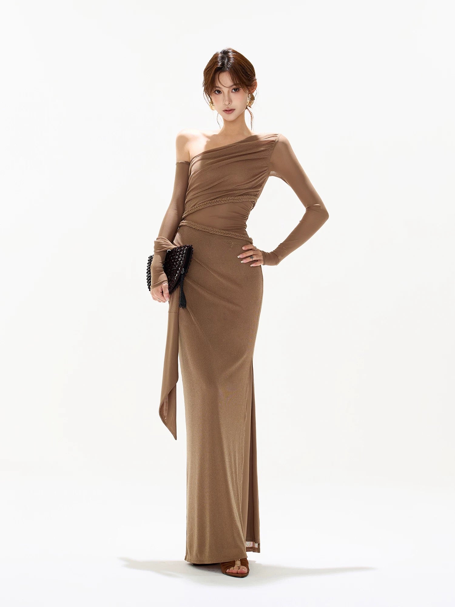 CYNR Mesh hollow splicing off shoulder dress