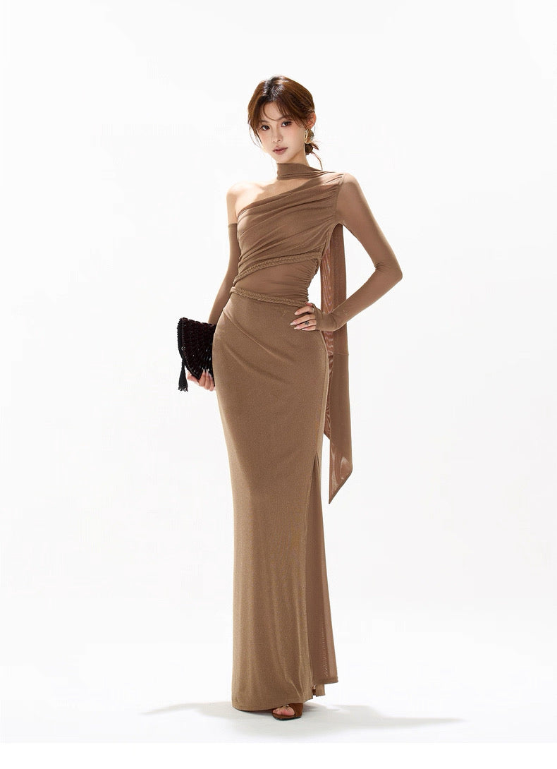CYNR Mesh hollow splicing off shoulder dress