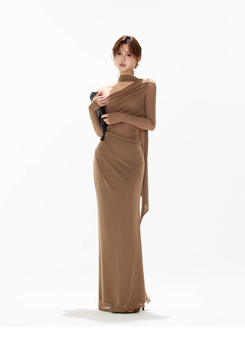 CYNR Mesh hollow splicing off shoulder dress