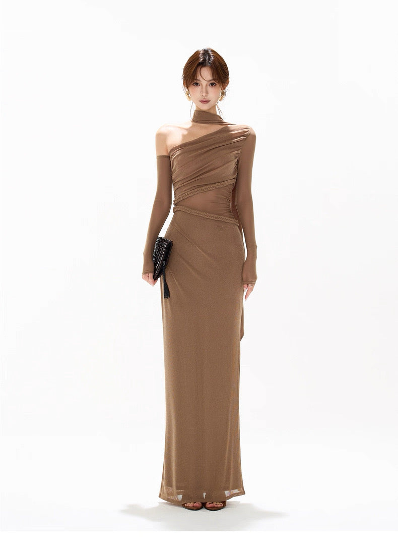 CYNR Mesh hollow splicing off shoulder dress