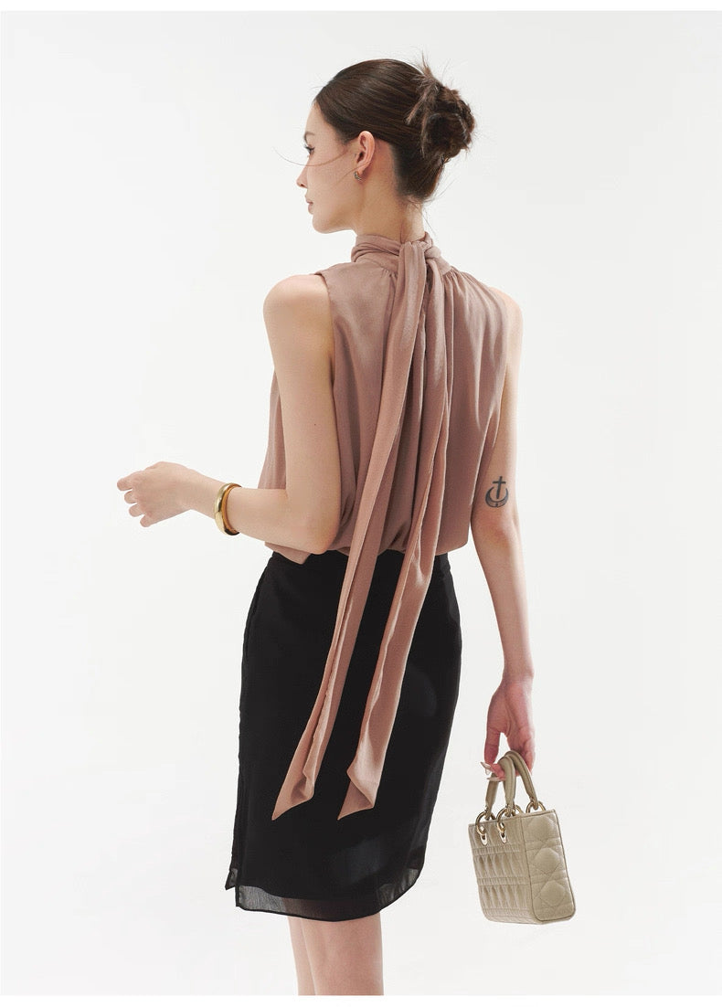CYNR Strap hanging sleeveless top + high waisted mid skirt