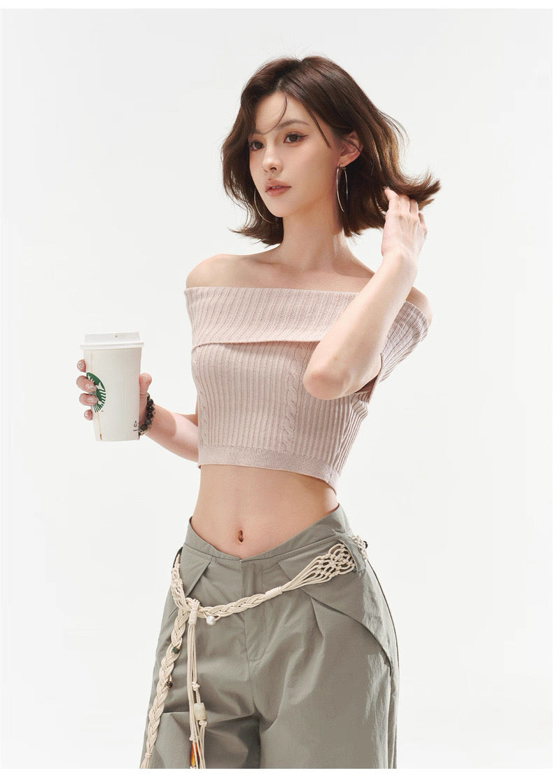 CYNR Off shoulder twisted flower pit striped woolen sweater