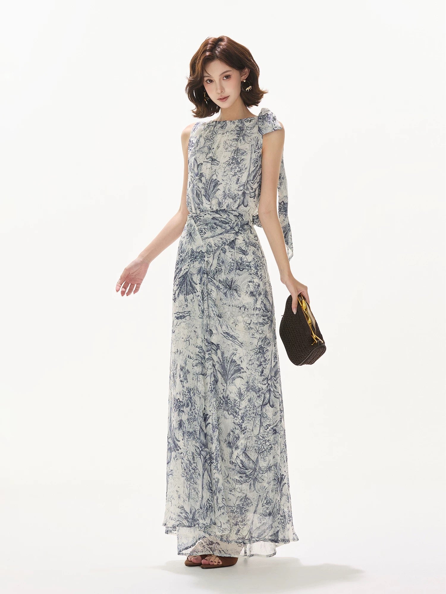 CYNR Norwegian Wood printed chiffon off shoulder dress