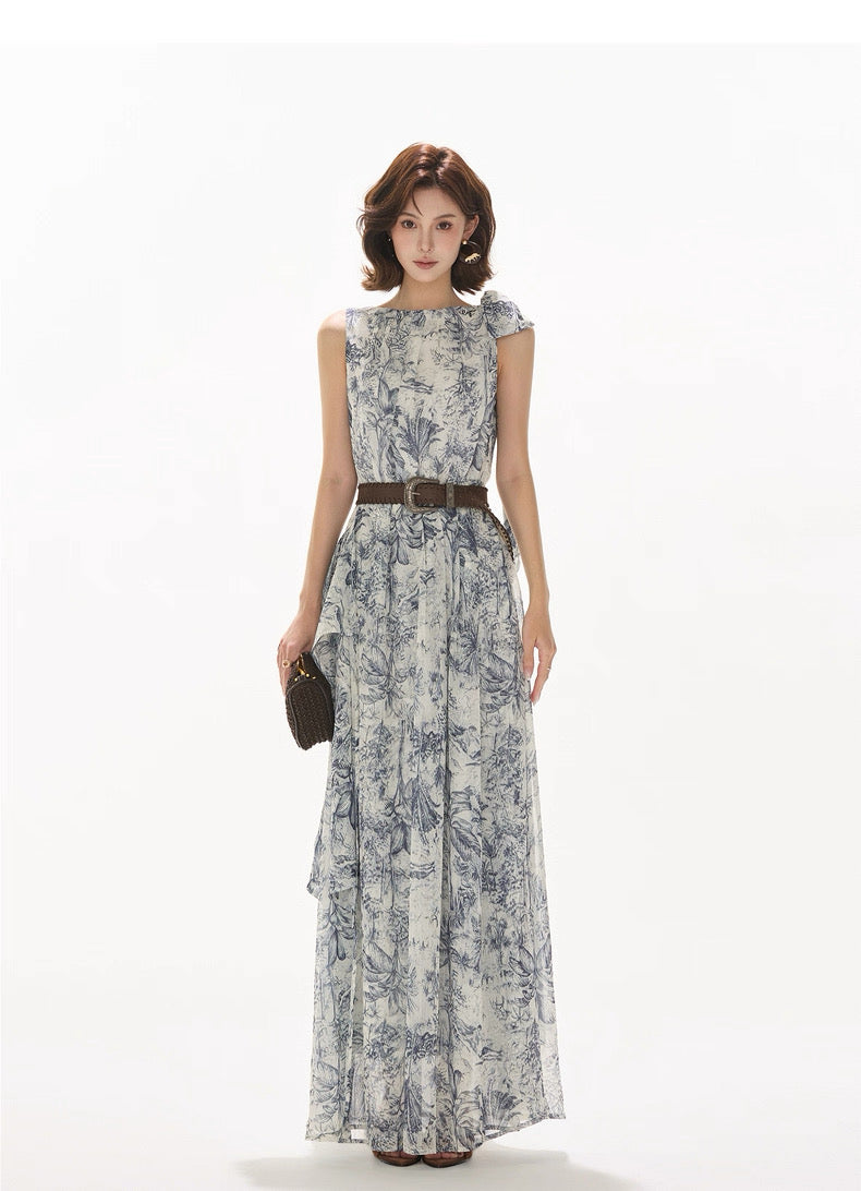 CYNR Norwegian Wood printed chiffon off shoulder dress