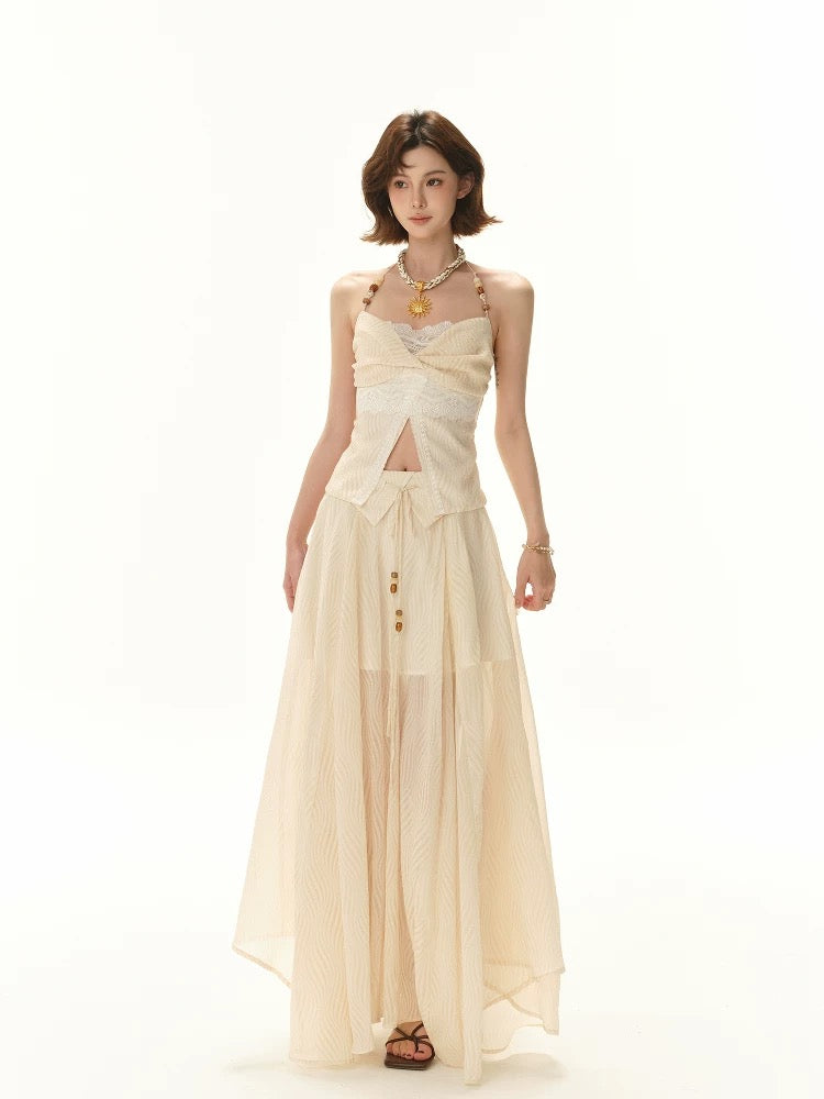 CYNR Beaded strapless top + flowing irregular skirt