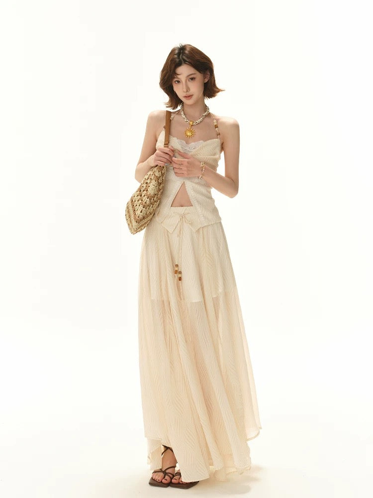 CYNR Beaded strapless top + flowing irregular skirt