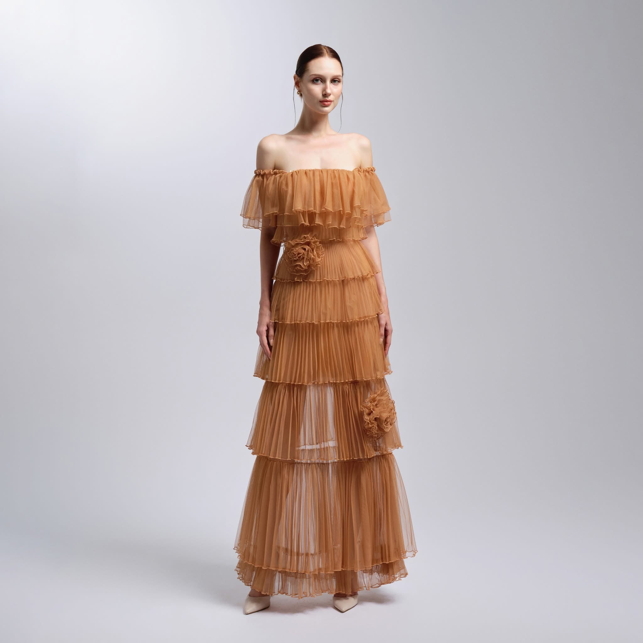 XY Bymyxy Brown Orange Flower Maxi Dress