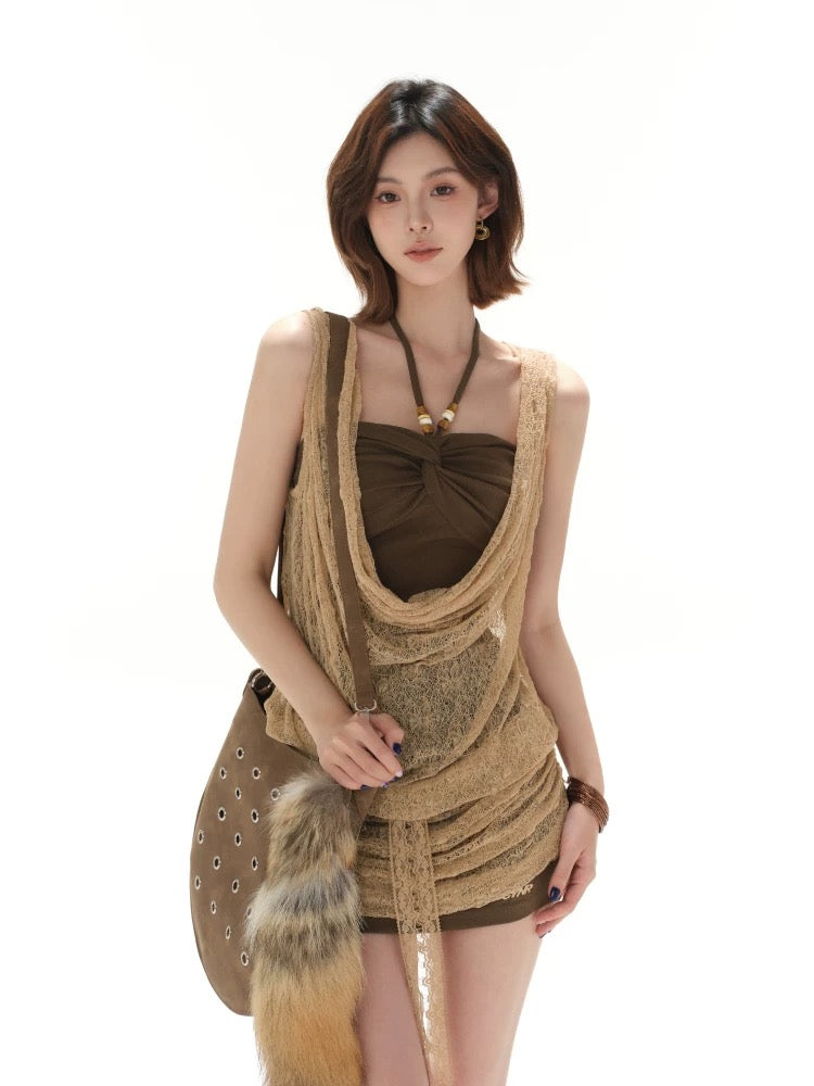 CYNR Knitted fake two-piece neck hanging dress