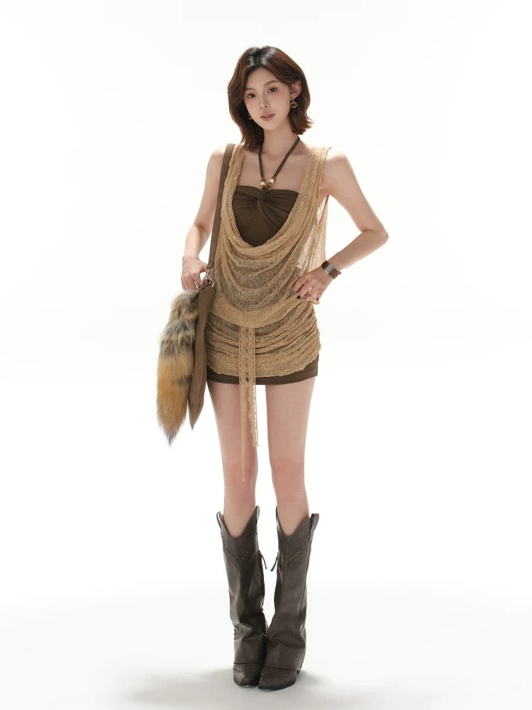 CYNR Knitted fake two-piece neck hanging dress