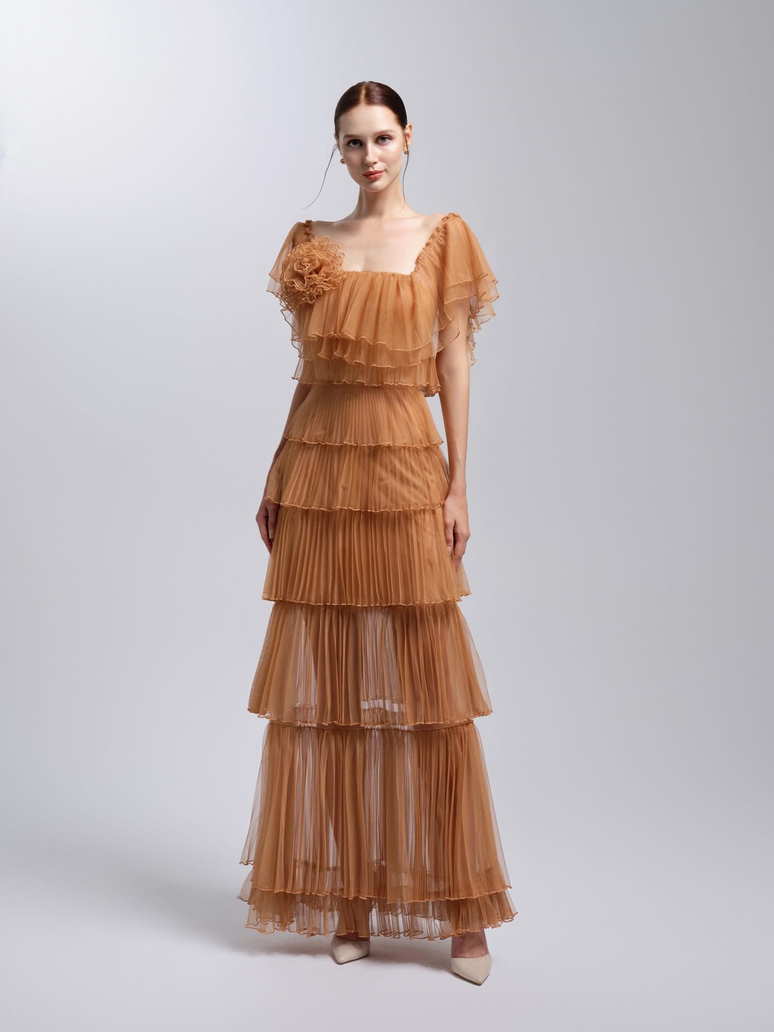 XY Bymyxy Brown Orange Flower Maxi Dress