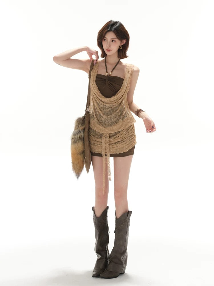 CYNR Knitted fake two-piece neck hanging dress