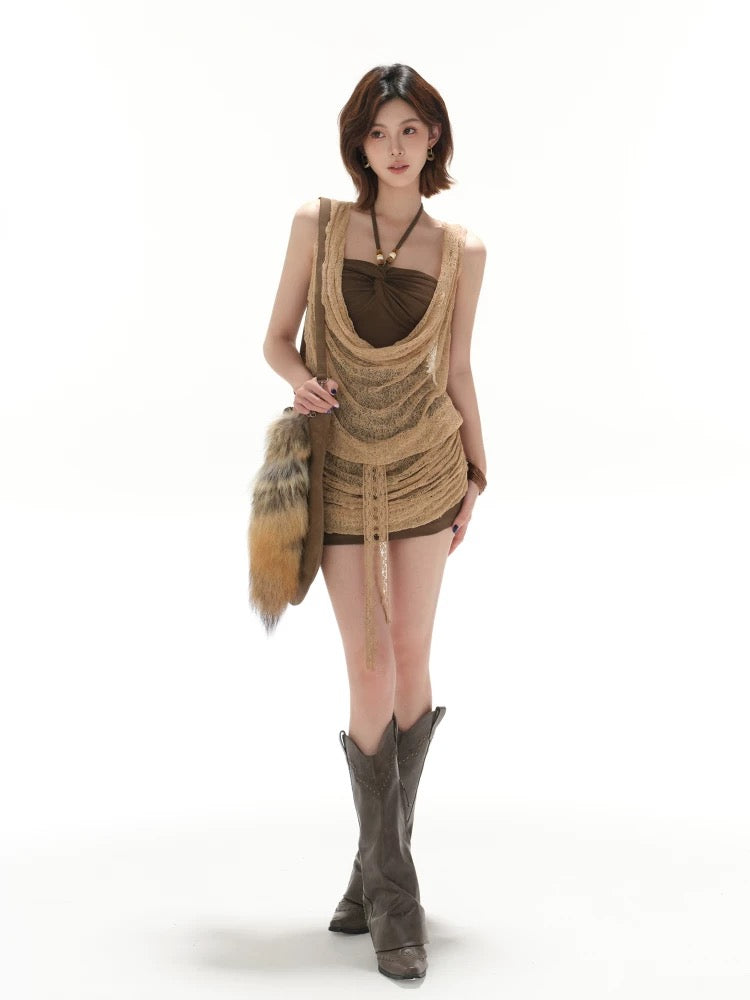 CYNR Knitted fake two-piece neck hanging dress