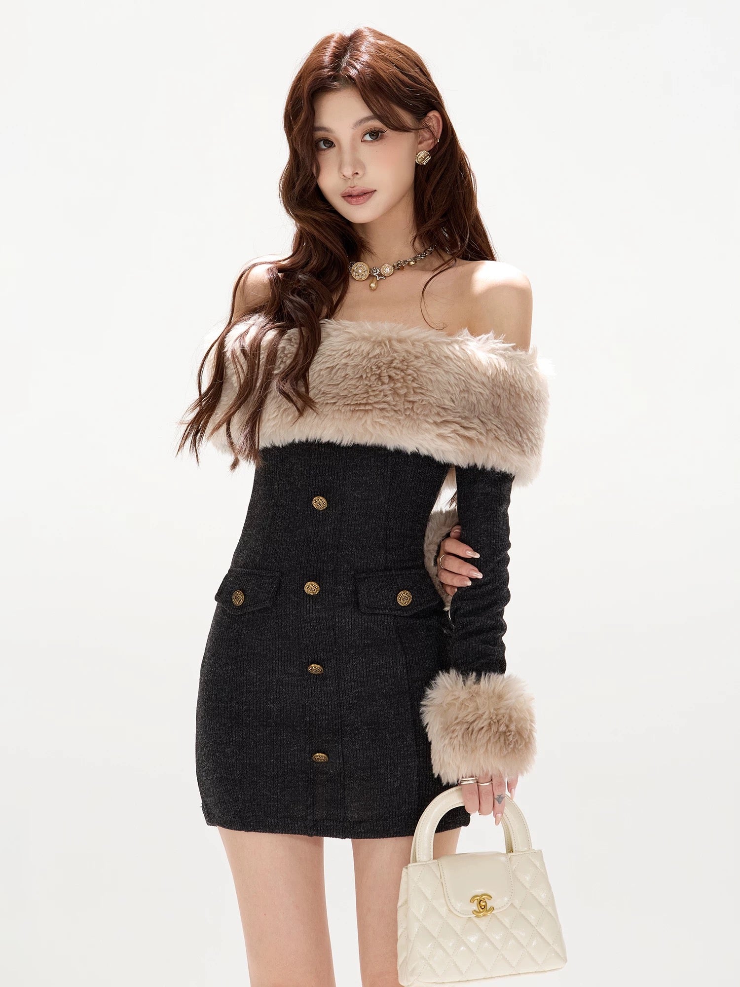 CYNR Woolen collar off shoulder slim knit dress