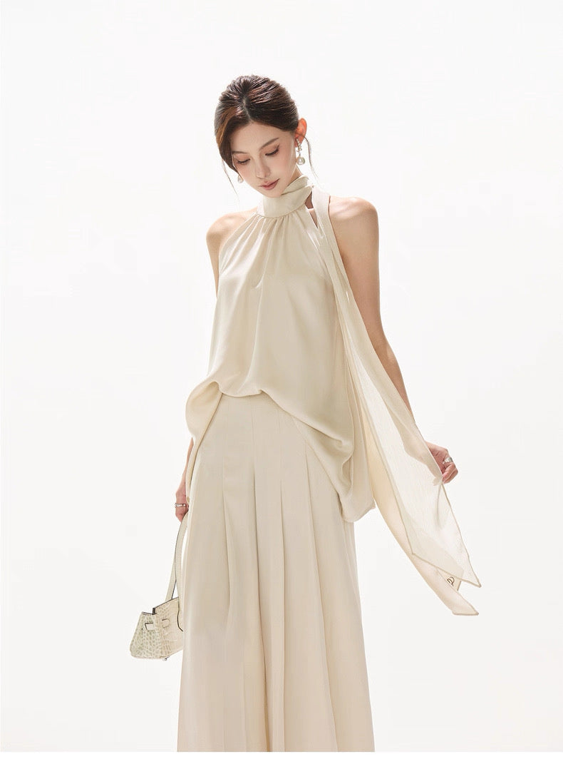 CYNR Satin ribbon irregular neck top