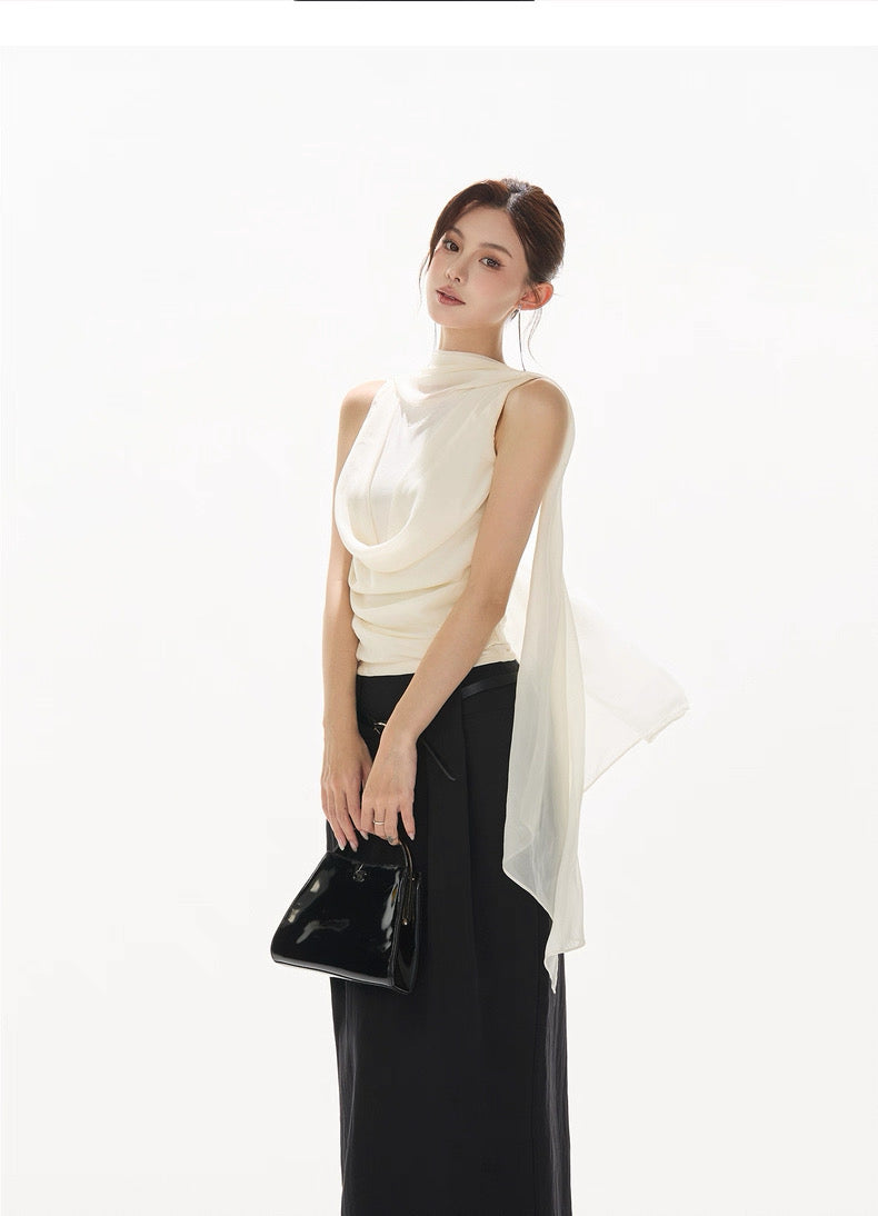 CYNR Chiffon sleeveless ribbon halter neck top