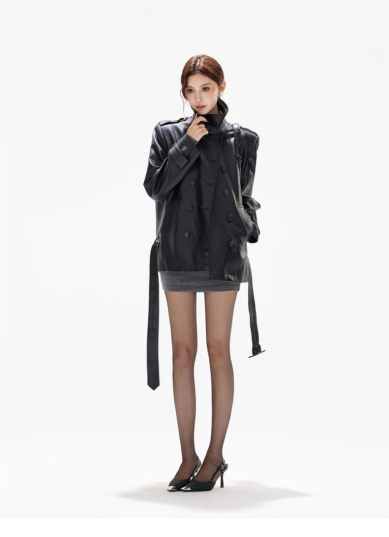 CYNR Standing collar double breasted leather jacket