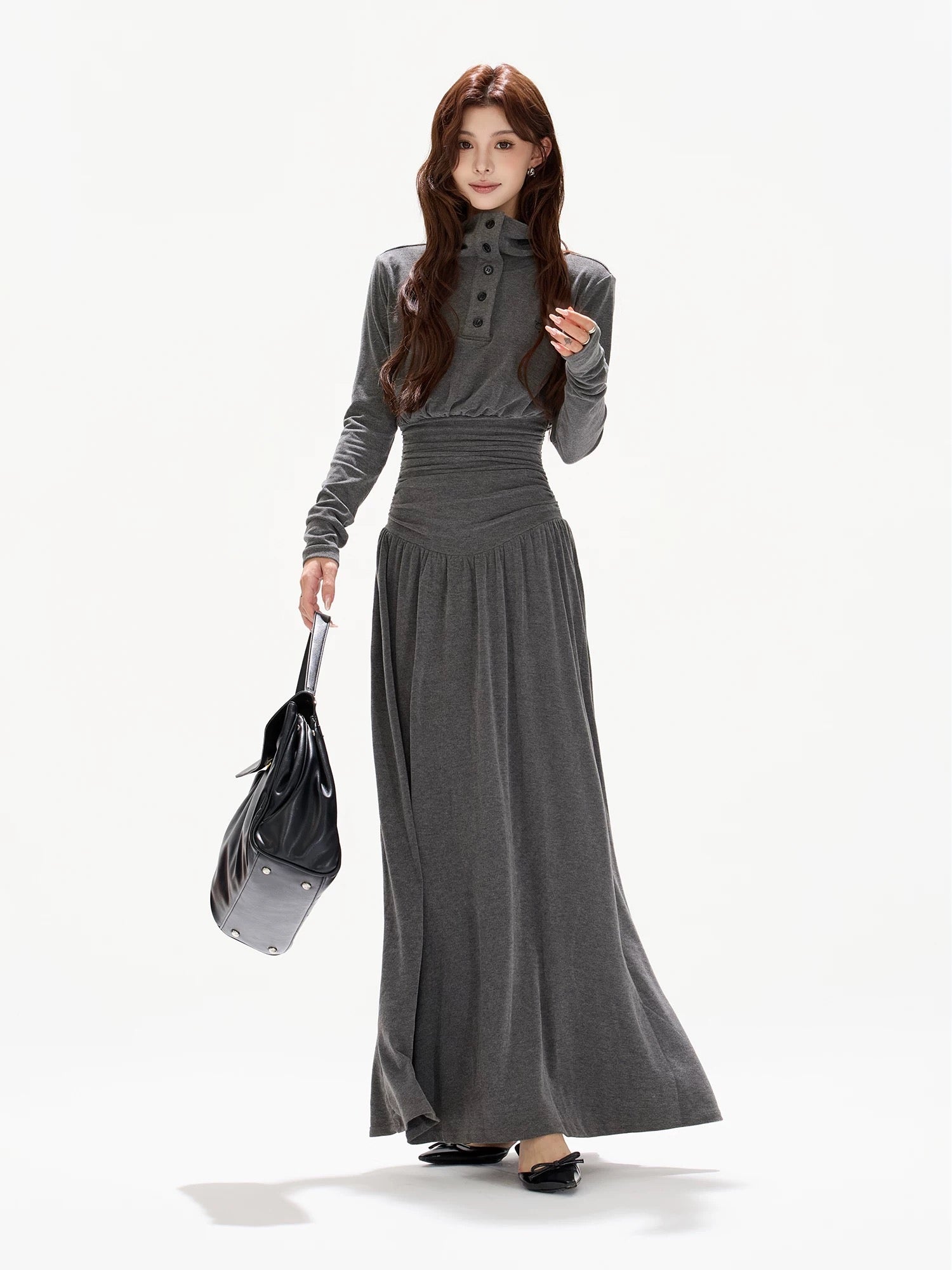 CYNR Polo collar pleated waist slimming dress