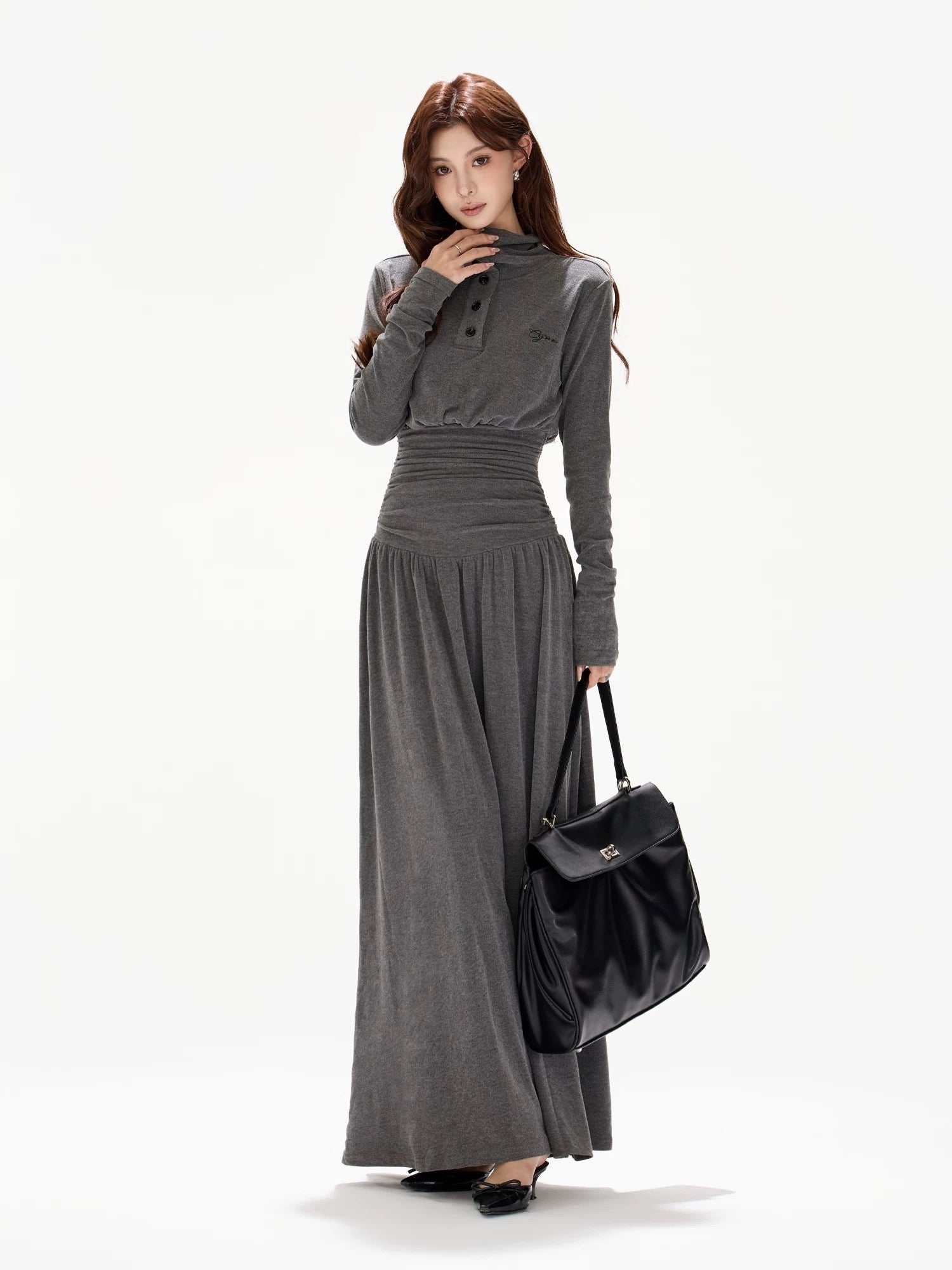CYNR Polo collar pleated waist slimming dress