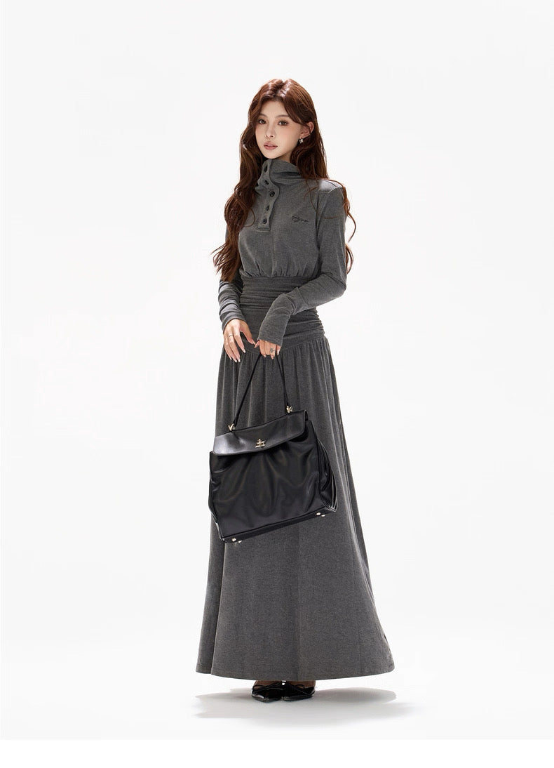 CYNR Polo collar pleated waist slimming dress