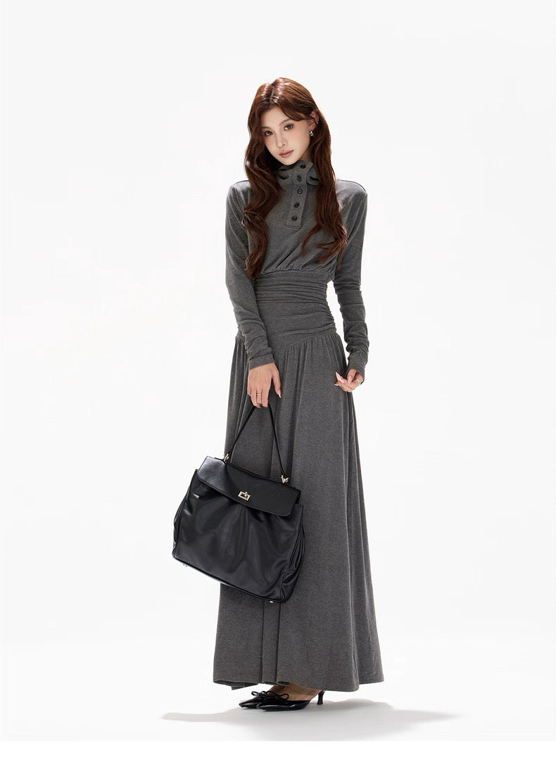 CYNR Polo collar pleated waist slimming dress