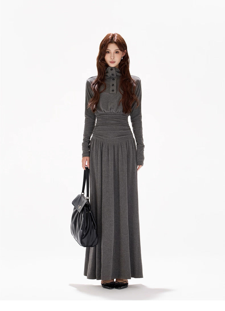 CYNR Polo collar pleated waist slimming dress