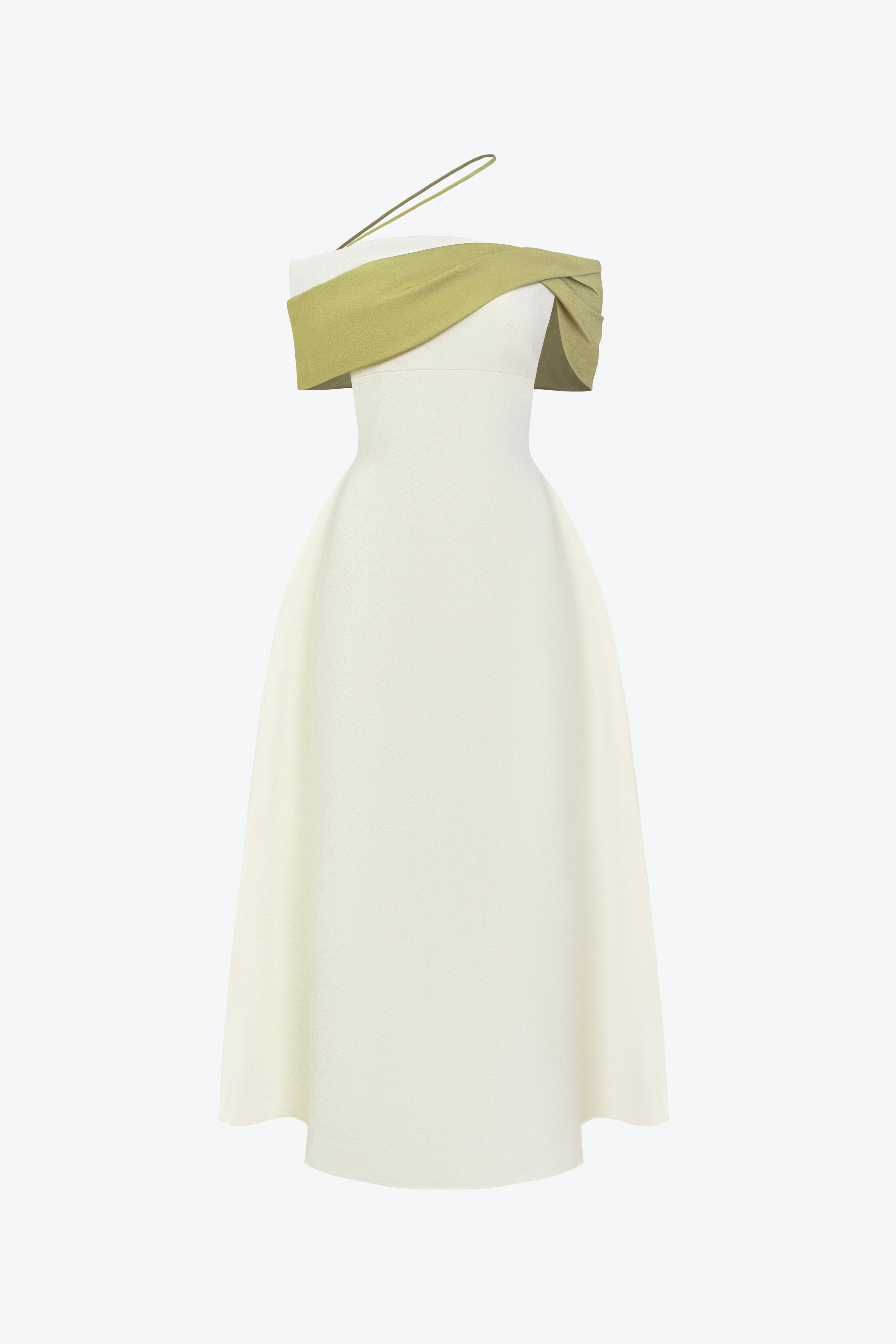 BYDENIO Sylva Two-tone Draping Off-shoulder Midi Dress