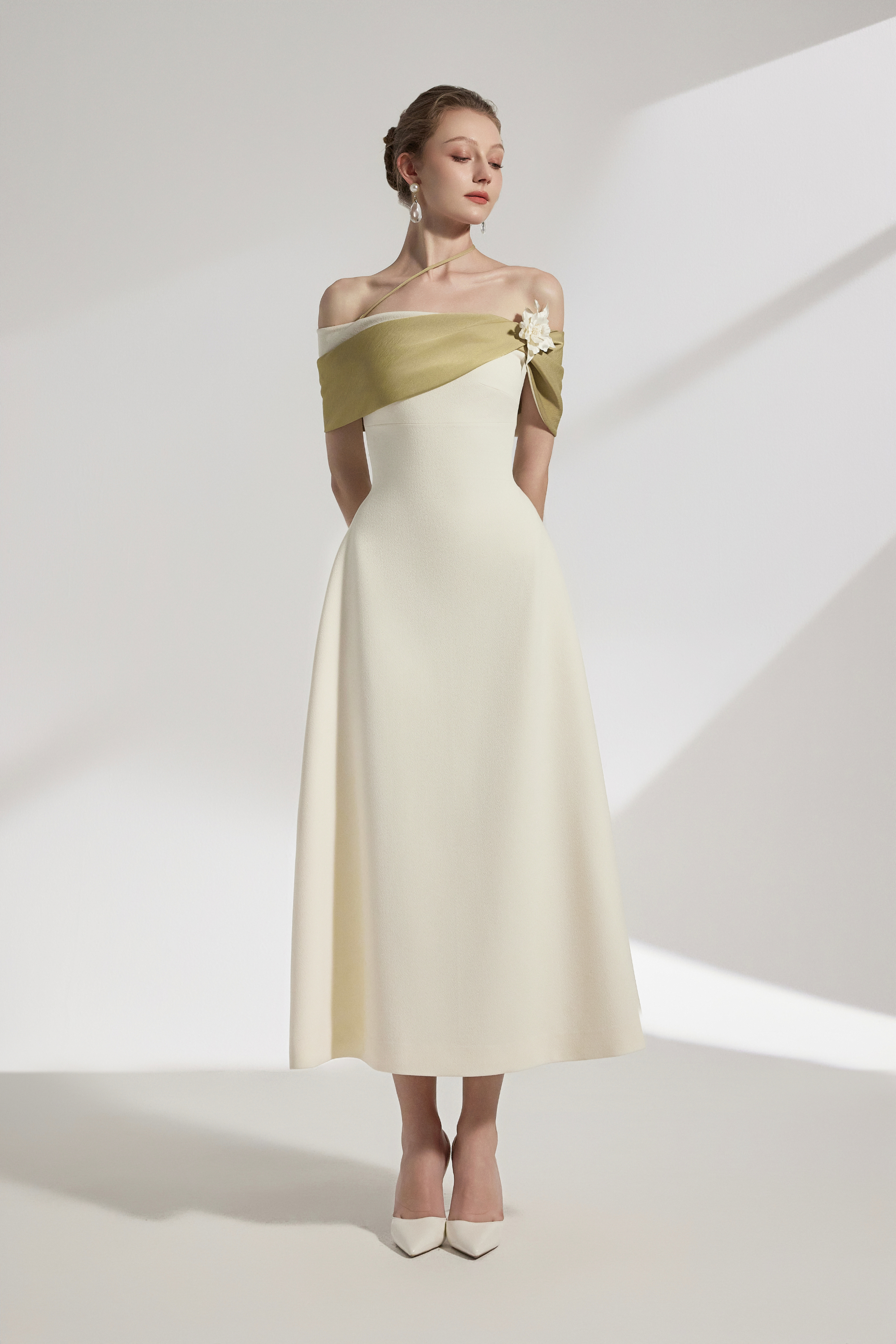 BYDENIO Sylva Two-tone Draping Off-shoulder Midi Dress