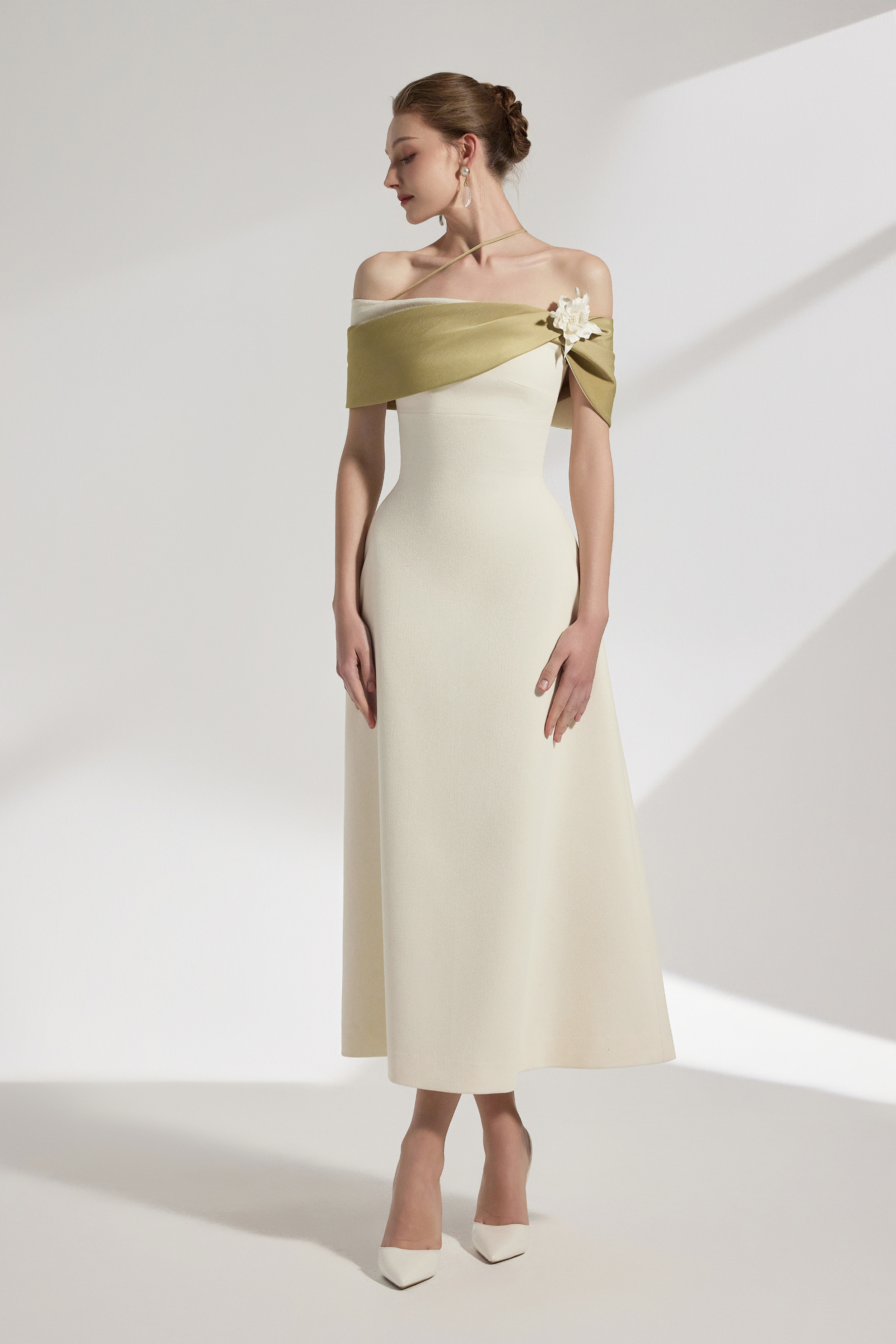 BYDENIO Sylva Two-tone Draping Off-shoulder Midi Dress