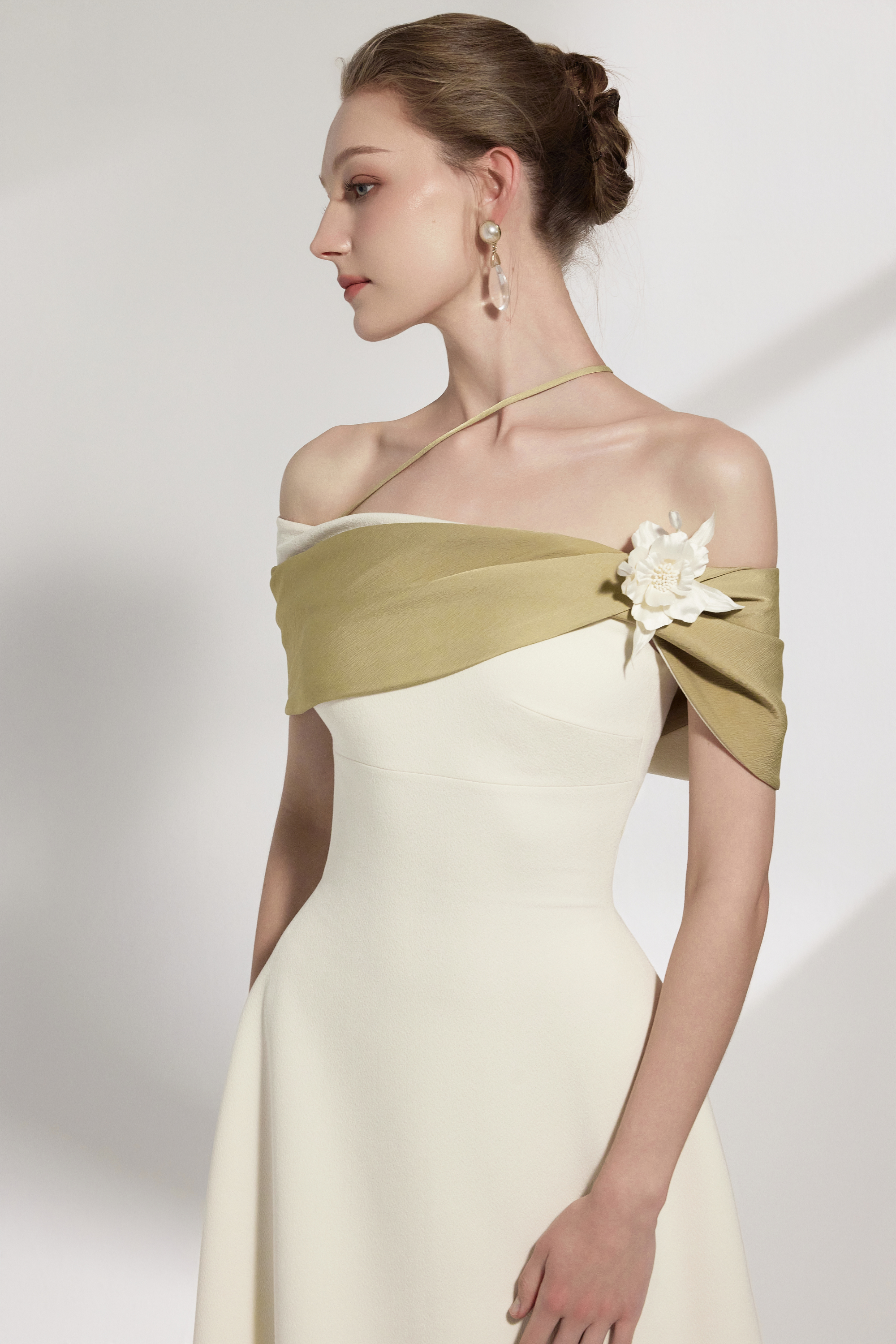 BYDENIO Sylva Two-tone Draping Off-shoulder Midi Dress