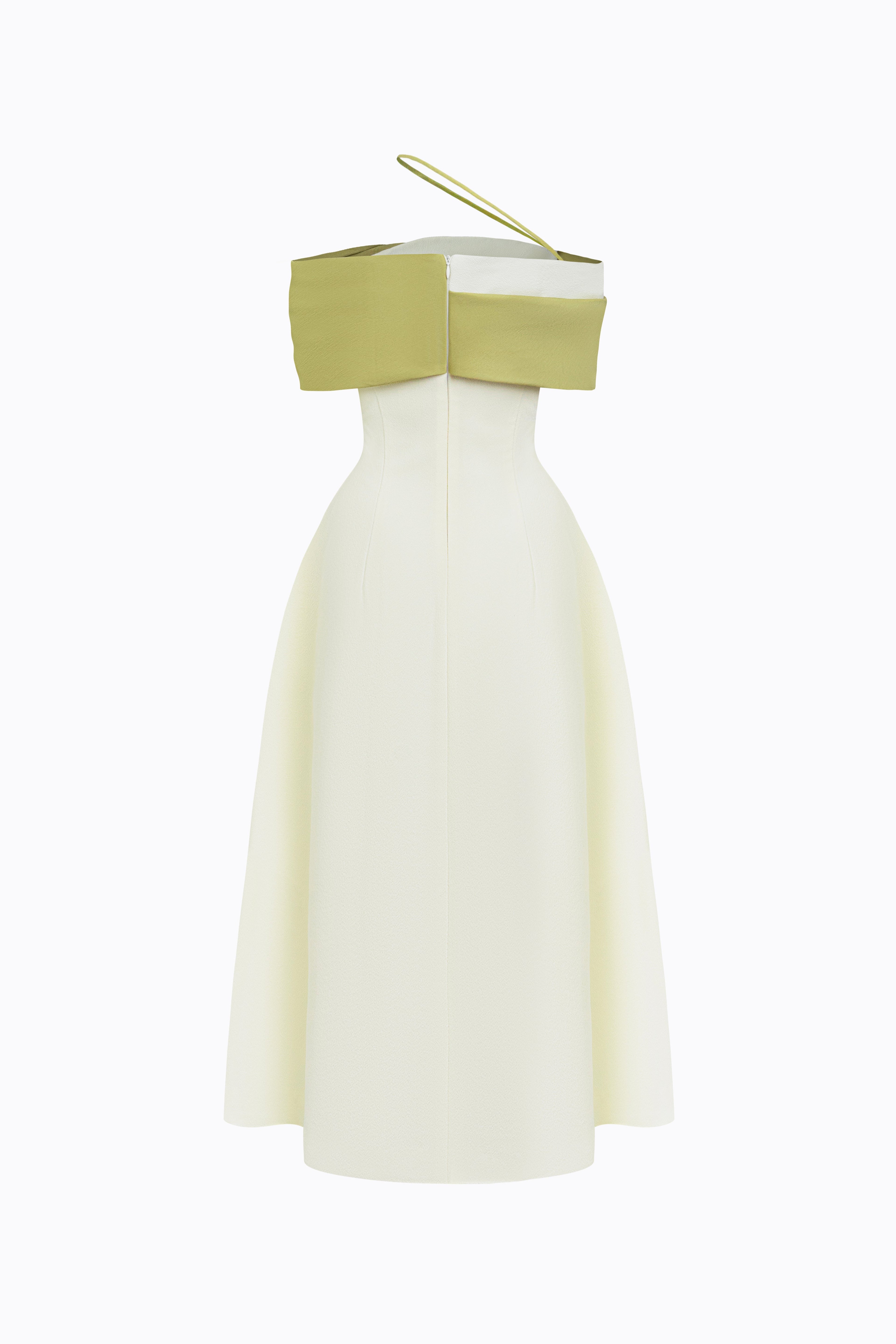 BYDENIO Sylva Two-tone Draping Off-shoulder Midi Dress