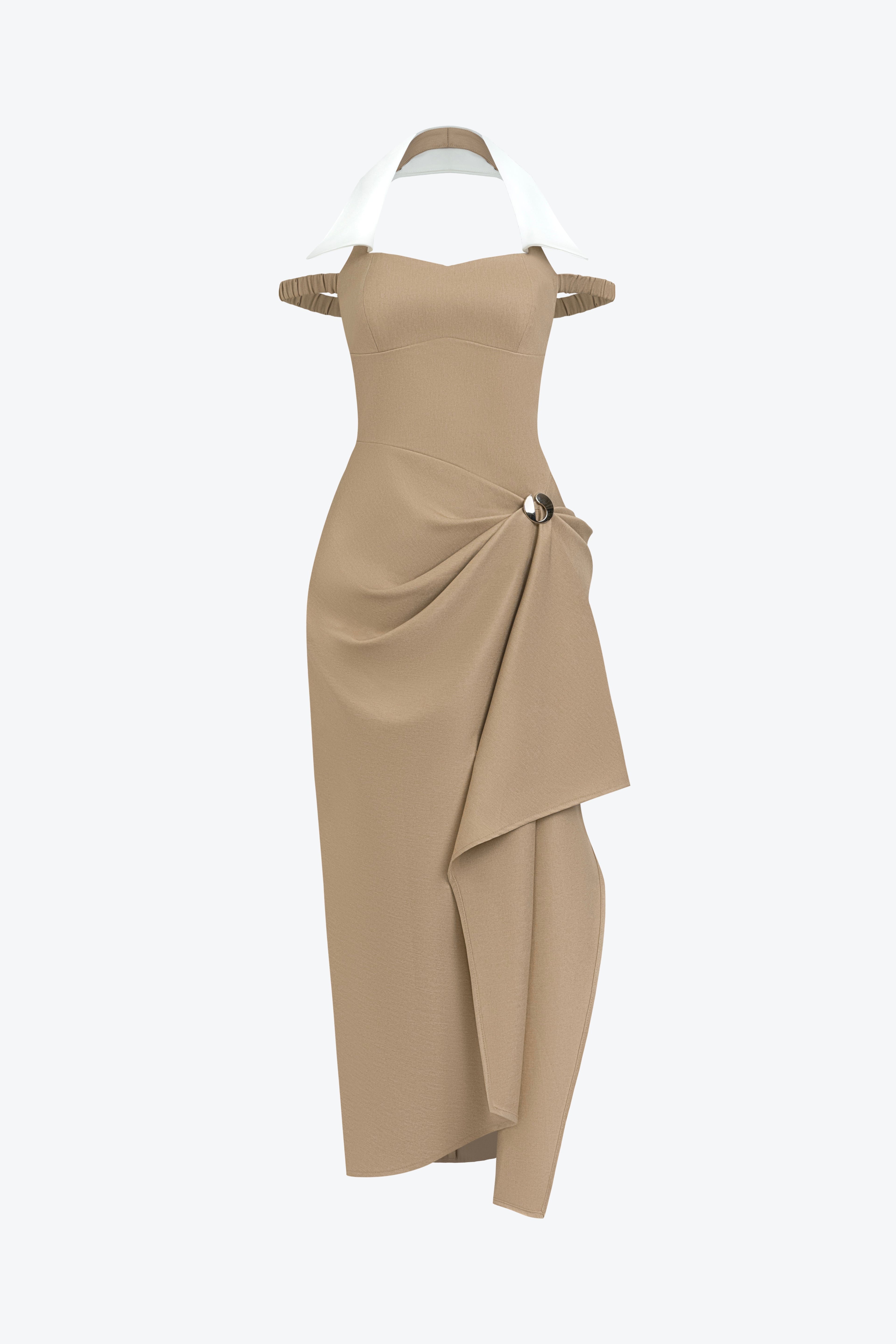BYDENIO Elix Draped Midi Dress With Collar