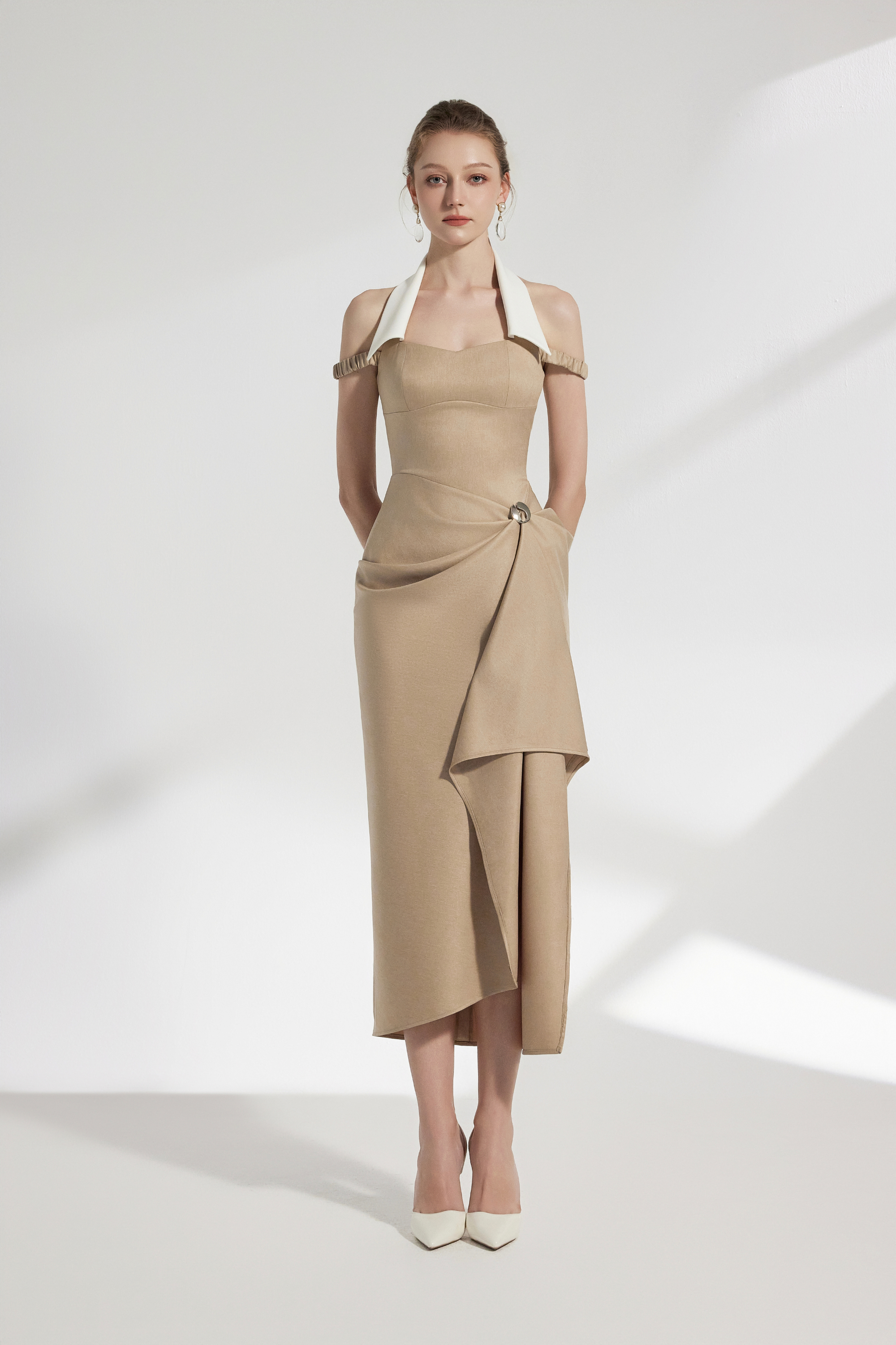 BYDENIO Elix Draped Midi Dress With Collar