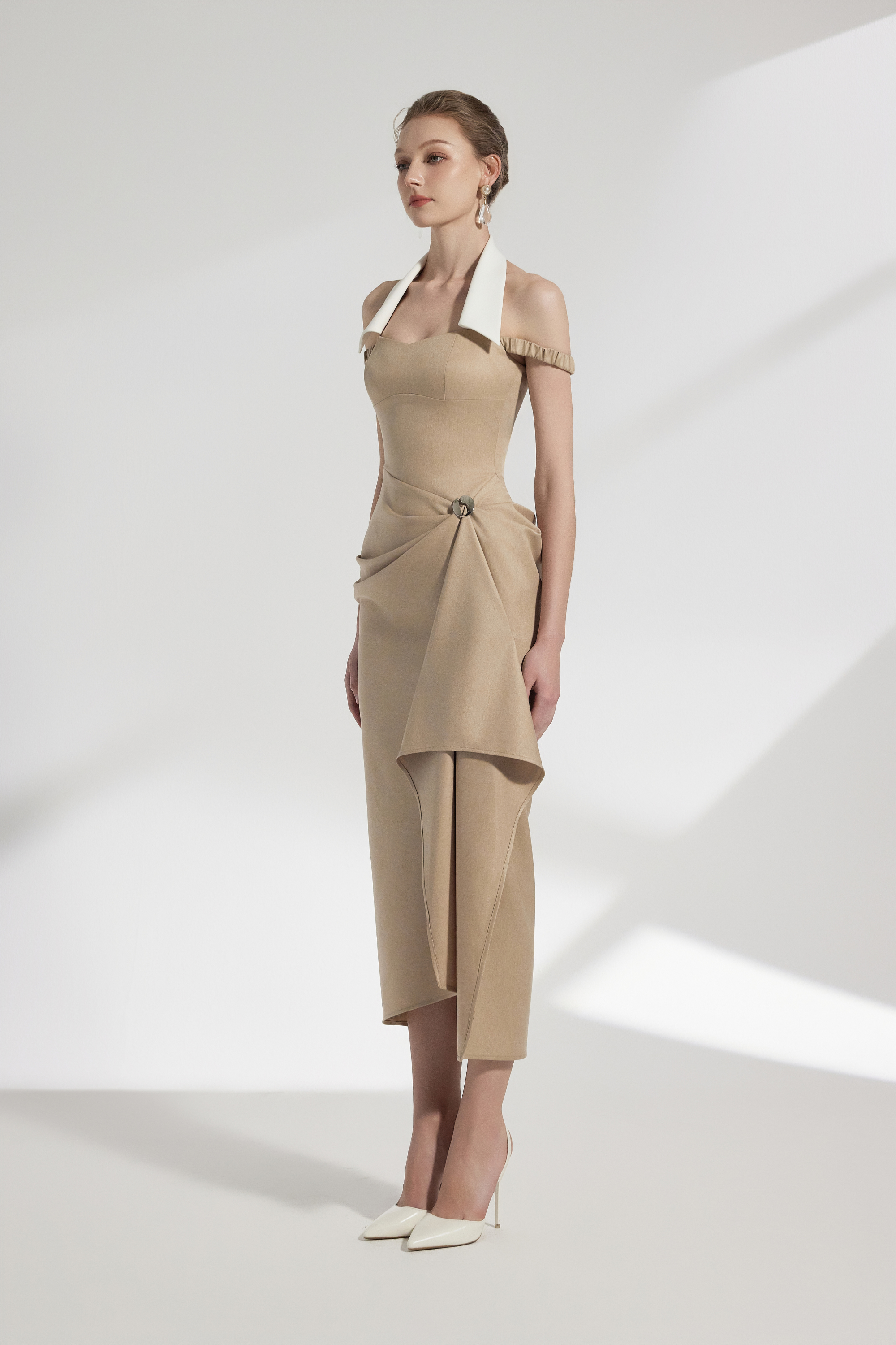 BYDENIO Elix Draped Midi Dress With Collar