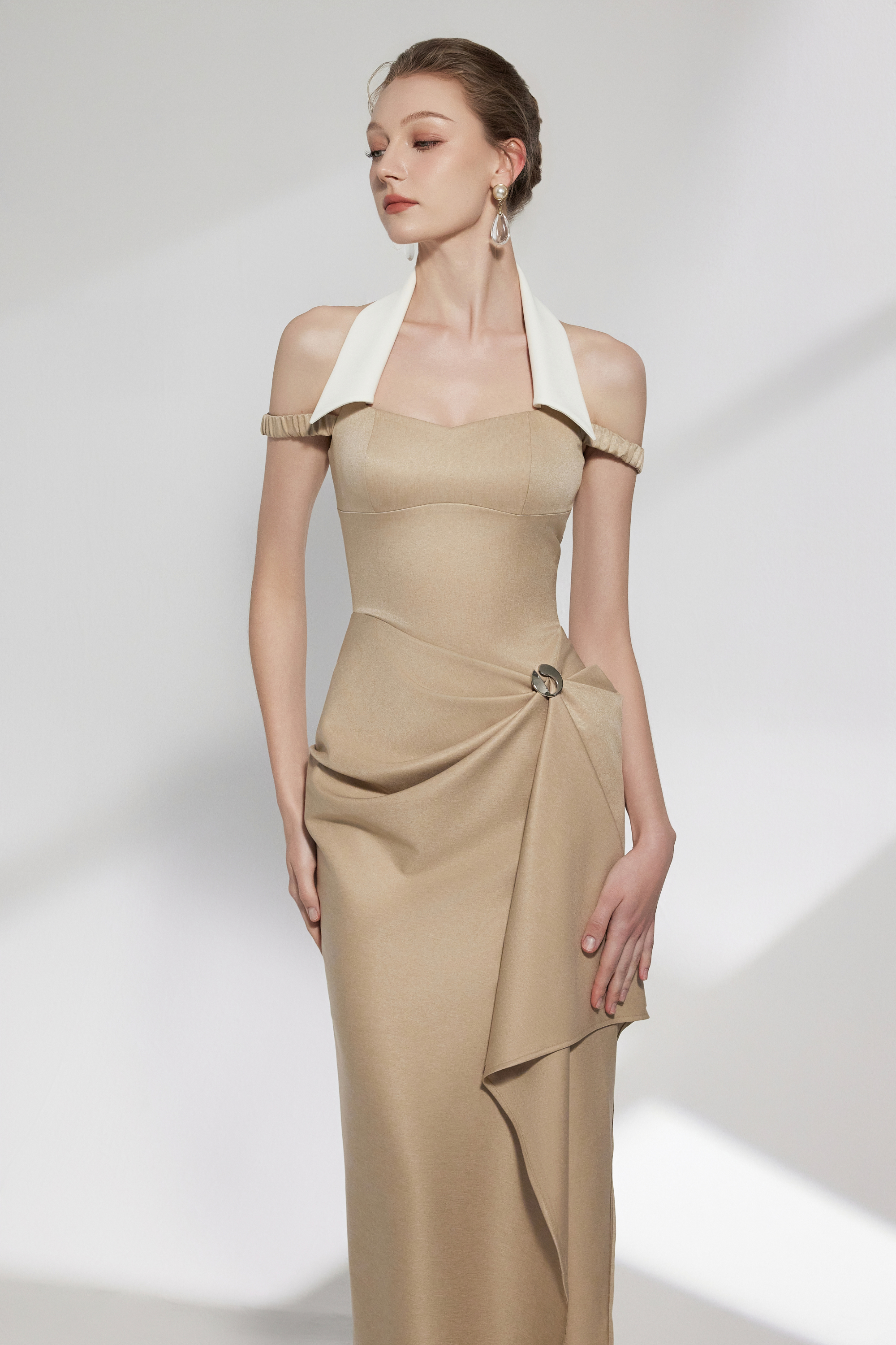 BYDENIO Elix Draped Midi Dress With Collar