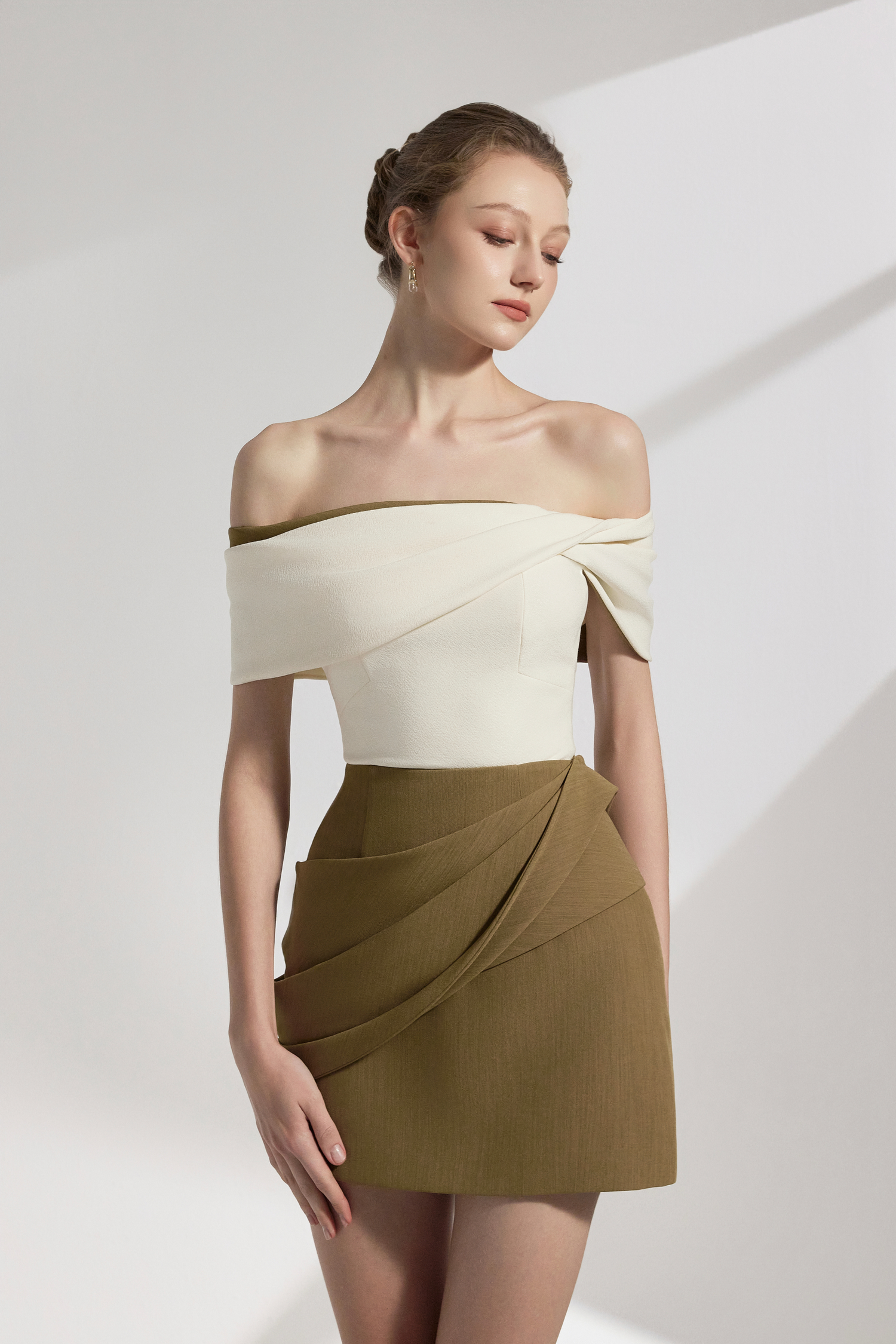BYDENIO Sora Two-tone Draping Off-shoulder Top+Naya Draping A-line Mini Skirt