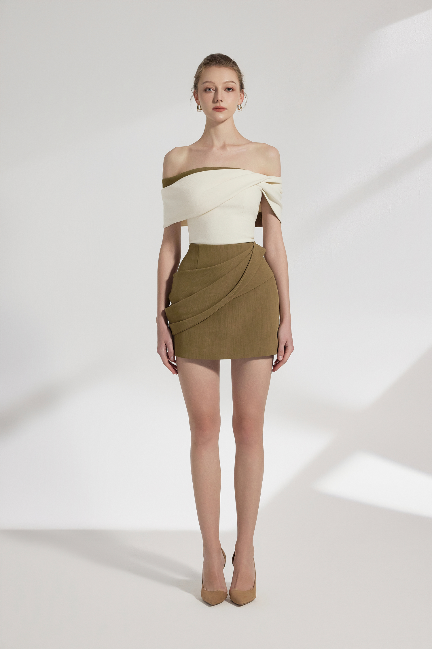 BYDENIO Sora Two-tone Draping Off-shoulder Top+Naya Draping A-line Mini Skirt
