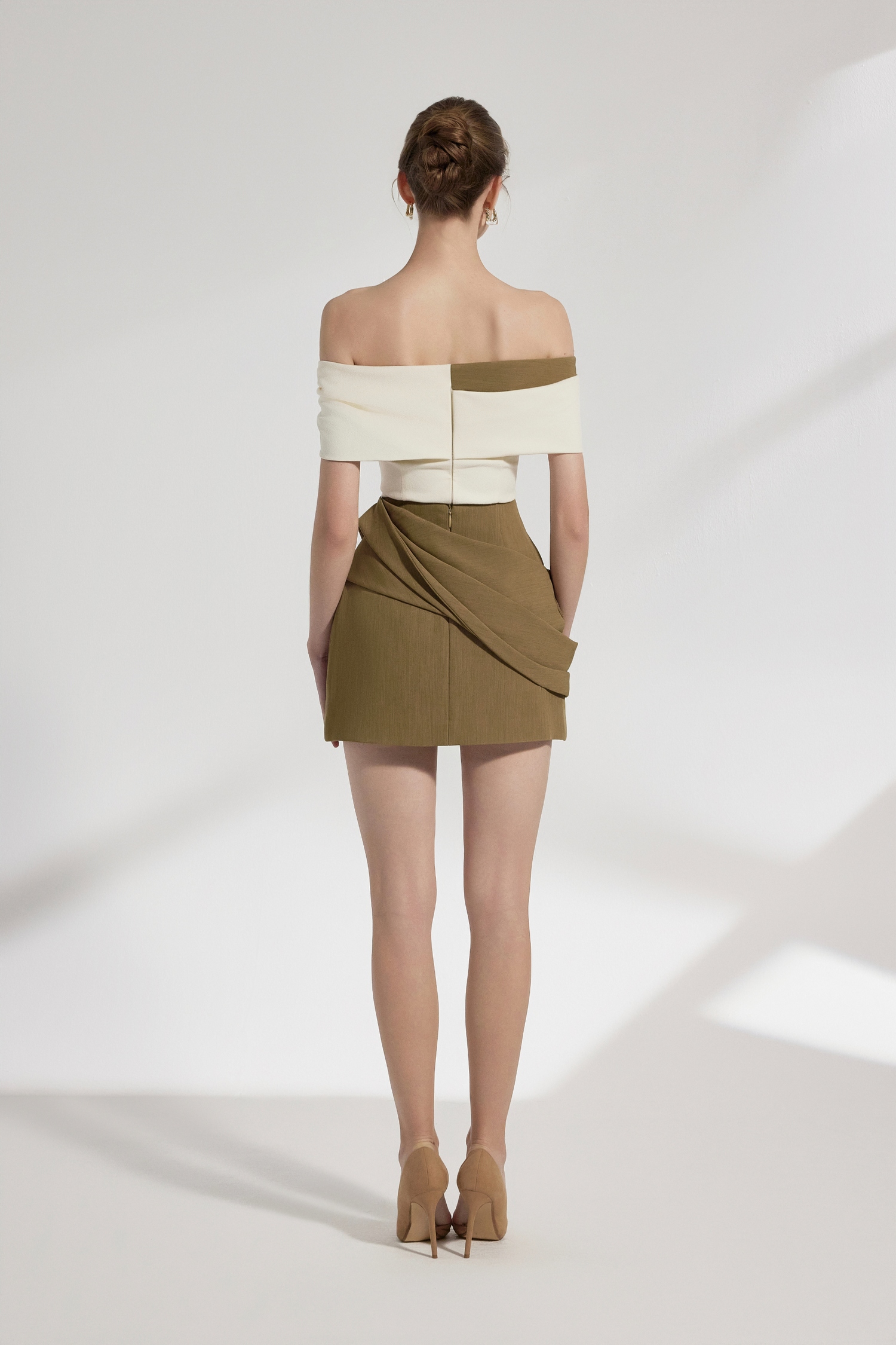 BYDENIO Sora Two-tone Draping Off-shoulder Top+Naya Draping A-line Mini Skirt