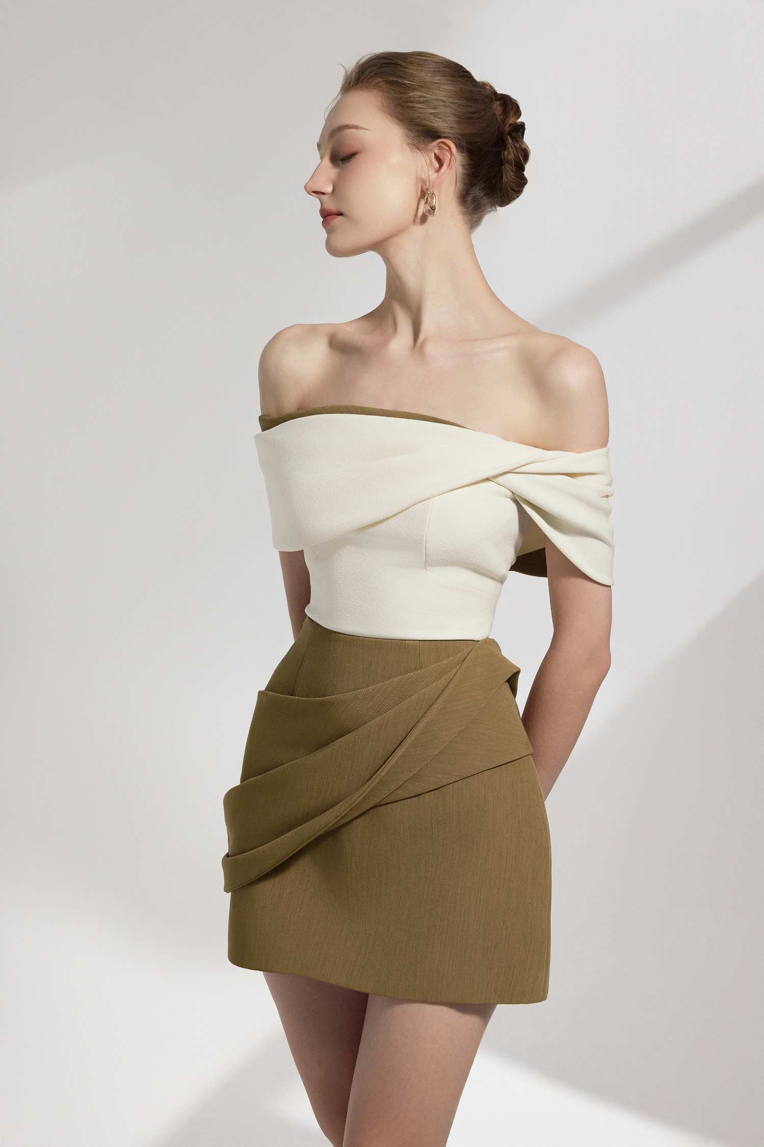 BYDENIO Sora Two-tone Draping Off-shoulder Top+Naya Draping A-line Mini Skirt
