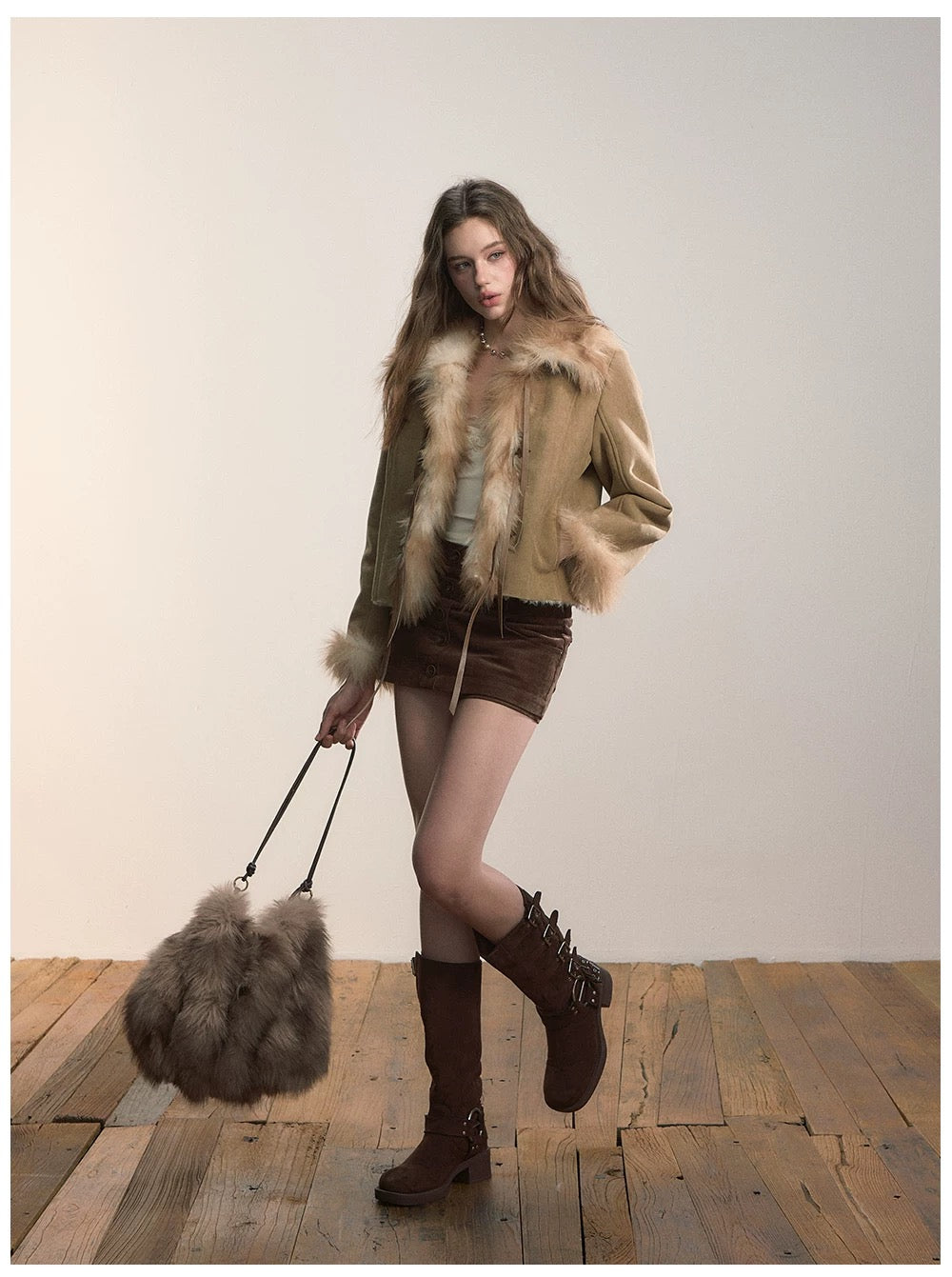 VIA PITTI in stock VIADC590 Bow tie strap imitation fur one-piece jacket