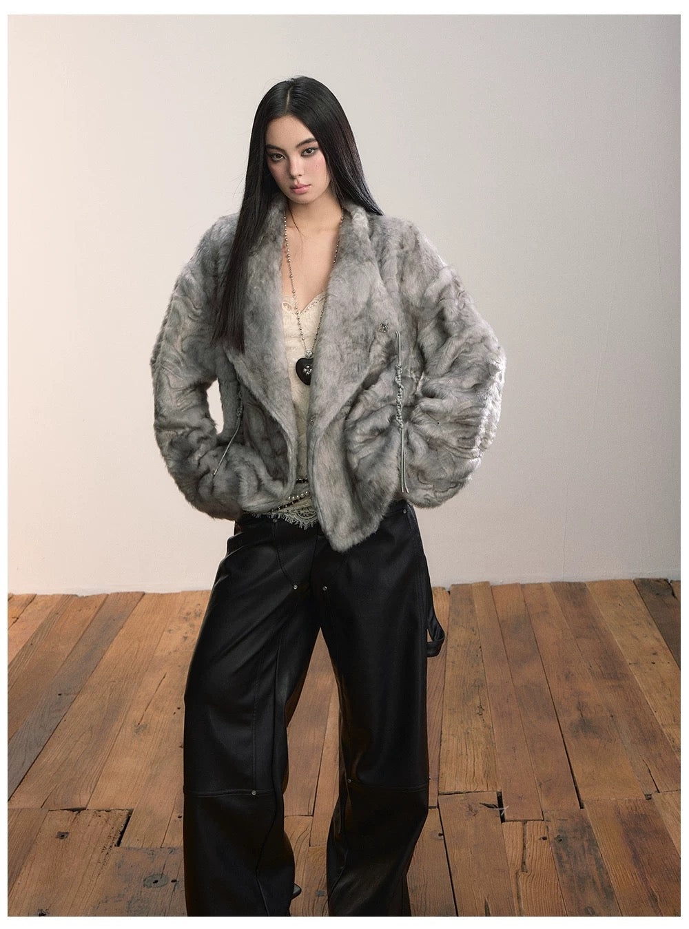 VIA PITTI VIADC598 Embossed large lapel faux fur jacket