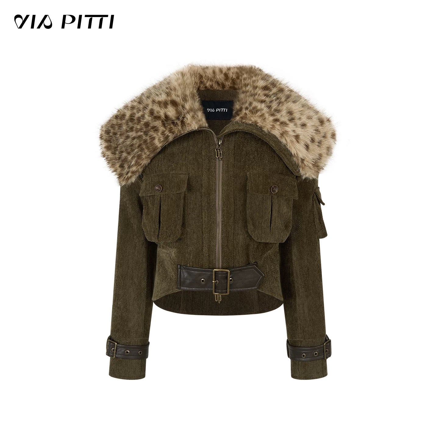 VIA PITTI VIADC584 Leopard print fur collar waist cinching jacket