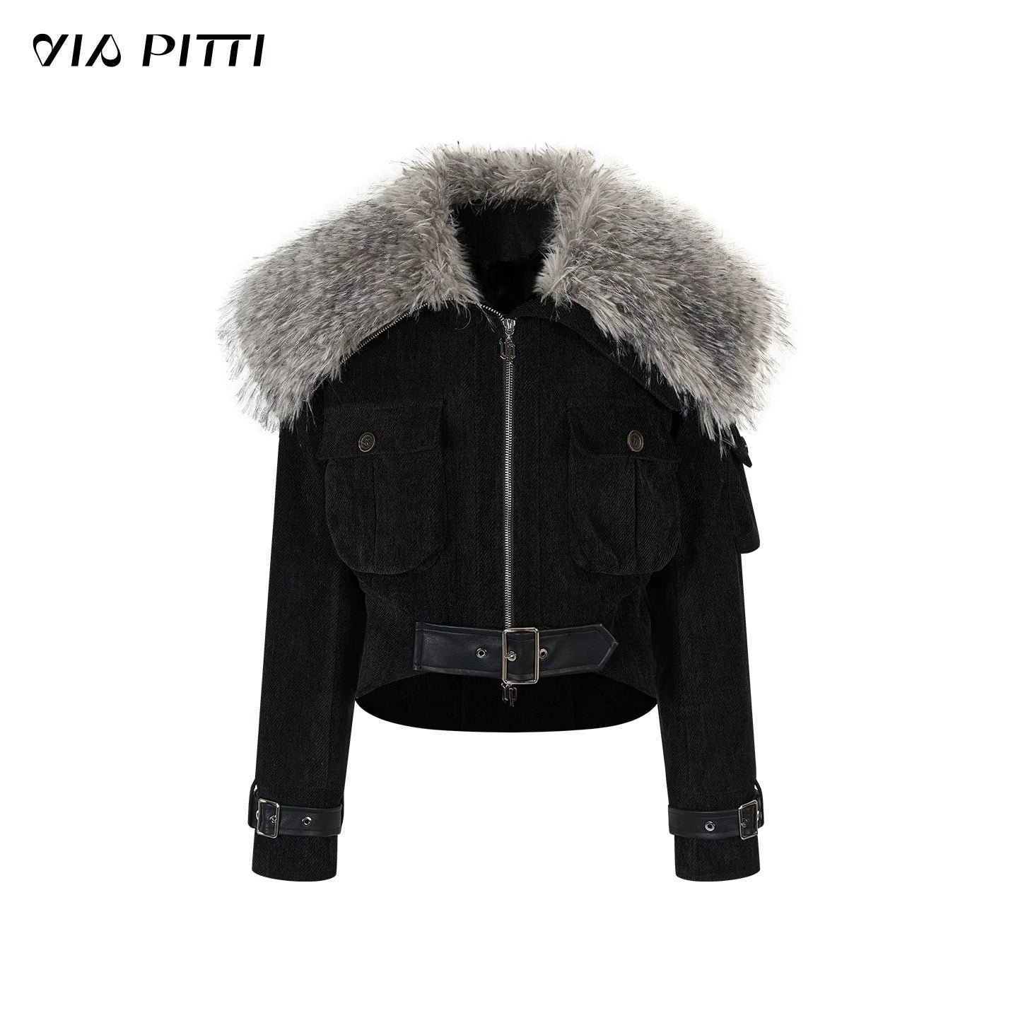 VIA PITTI VIADC584 Leopard print fur collar waist cinching jacket