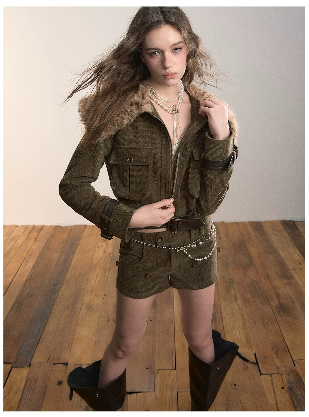 VIA PITTI VIADC584 Leopard print fur collar waist cinching jacket
