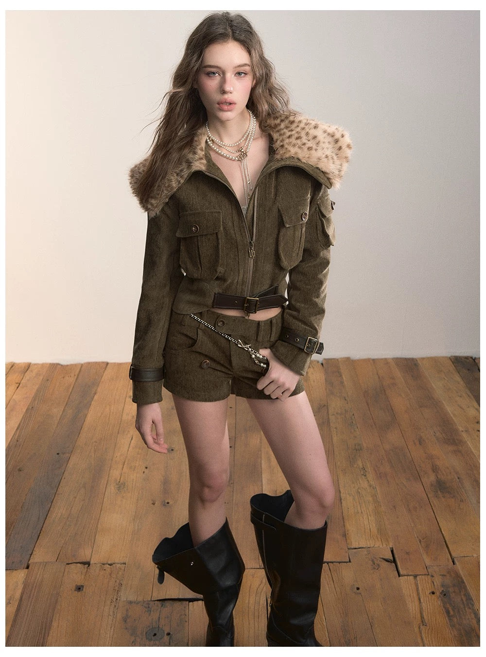VIA PITTI VIADC584 Leopard print fur collar waist cinching jacket