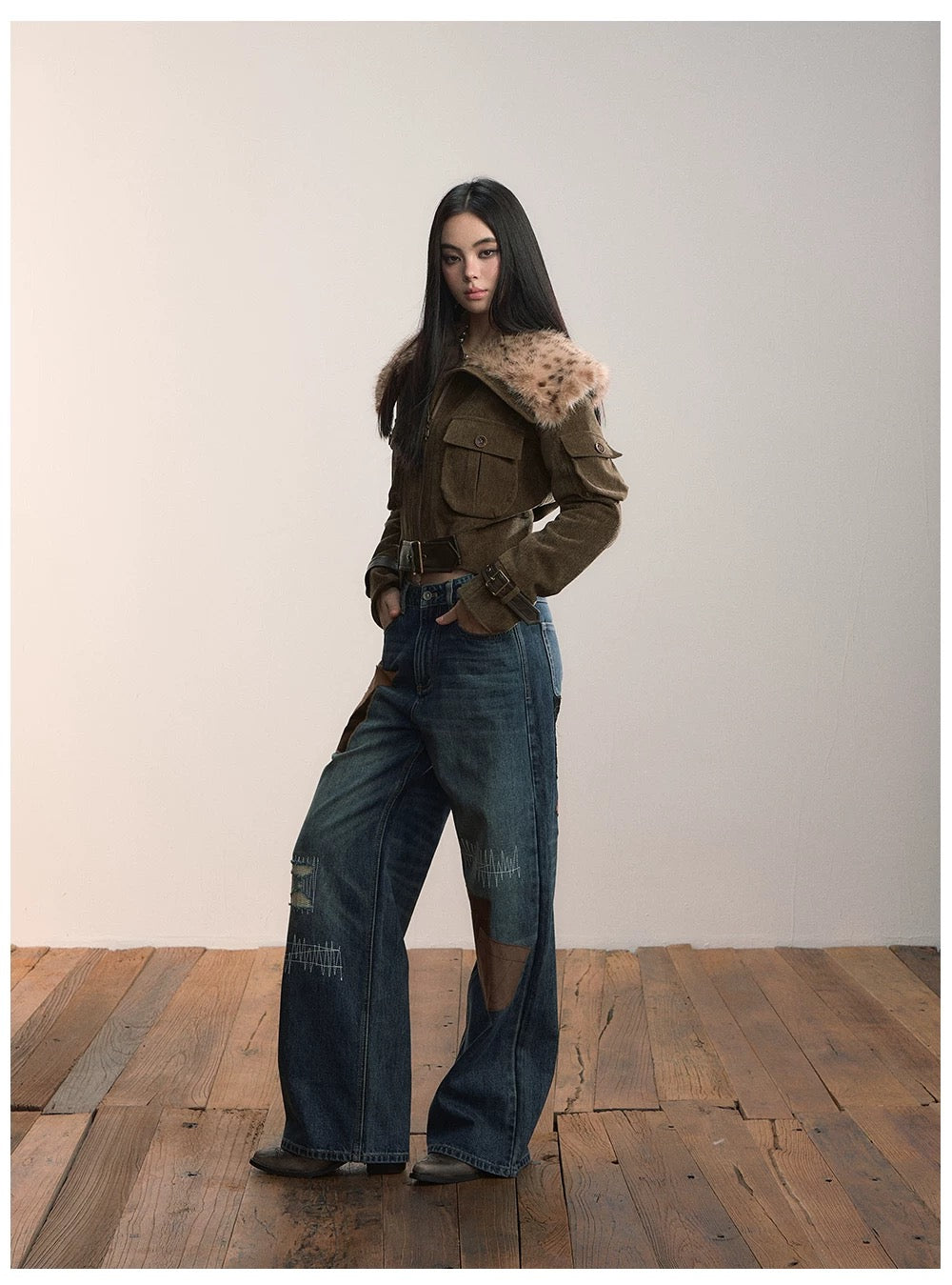 VIA PITTI VIADC584 Leopard print fur collar waist cinching jacket
