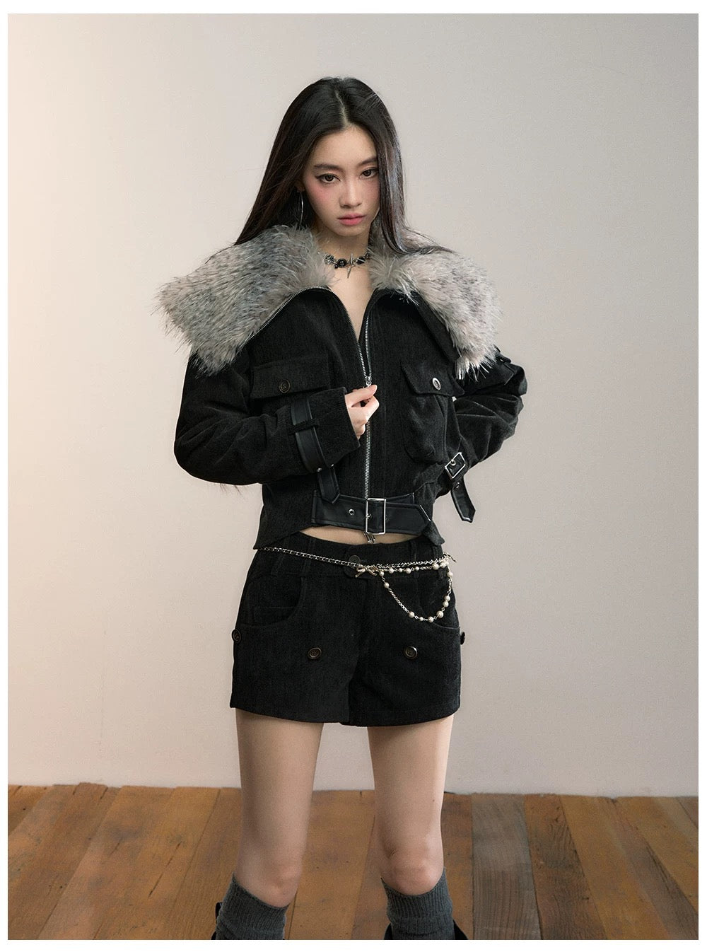 VIA PITTI VIADC584 Leopard print fur collar waist cinching jacket