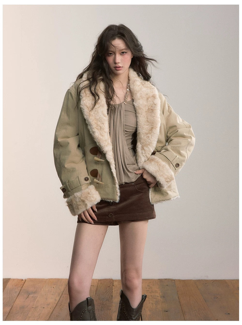 VIA PITTI VIADK577 Environmentally friendly fur cow horn buckle jacket