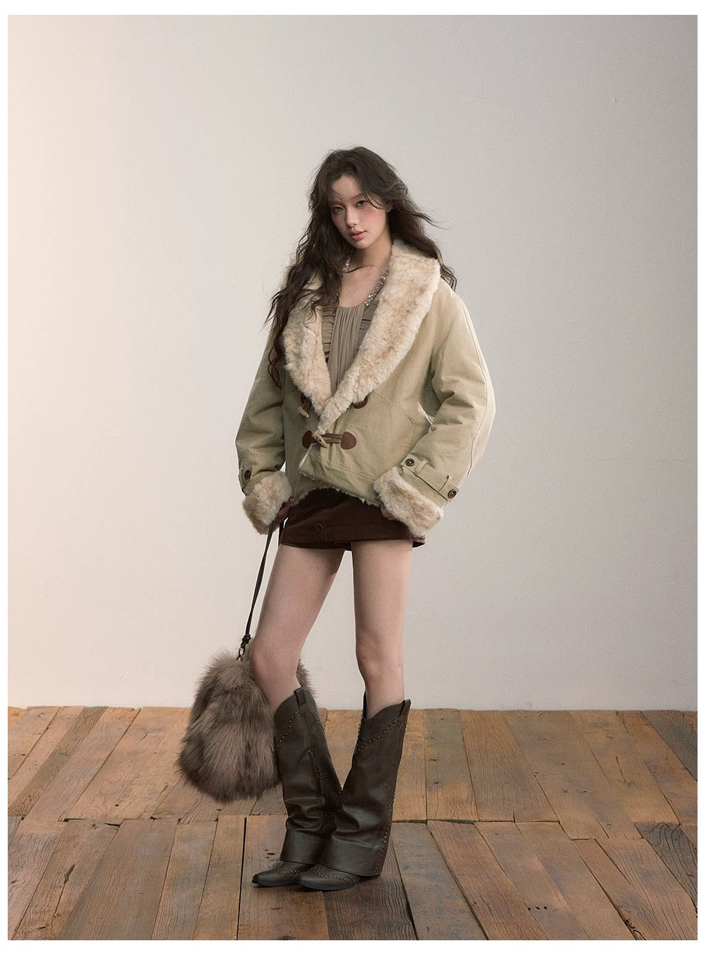 VIA PITTI VIADK577 Environmentally friendly fur cow horn buckle jacket