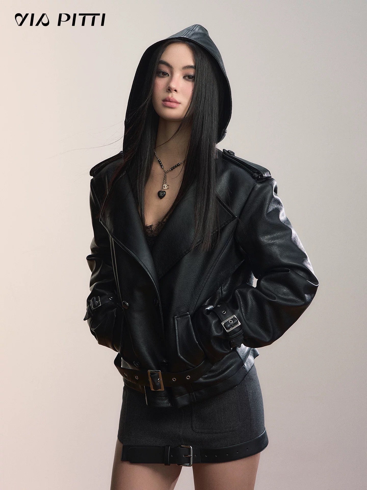 VIA PITTI VIADC578 Hooded motorcycle leather jacket